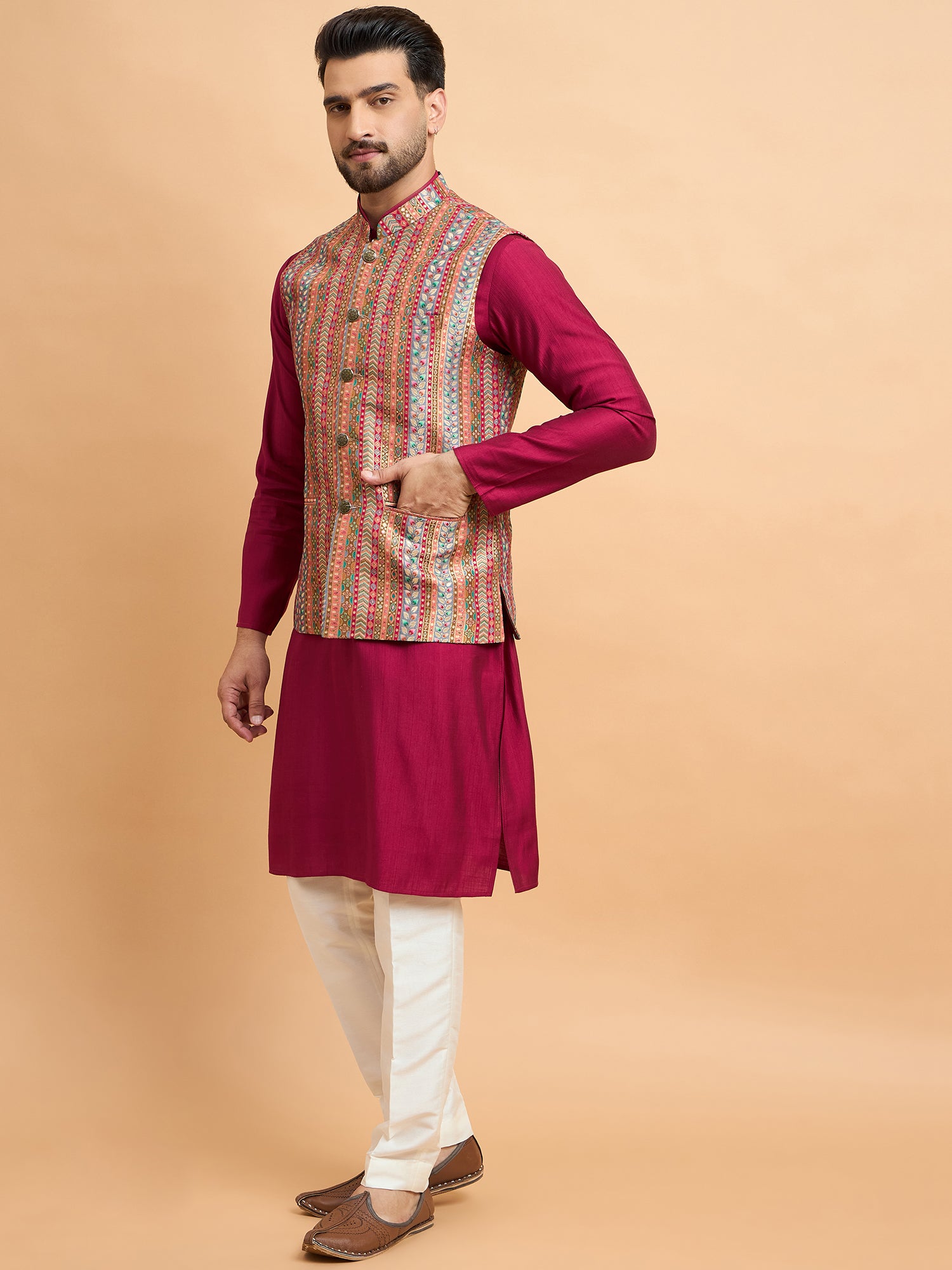 Wine Multi Brocket Silk Nehru Jacket Set