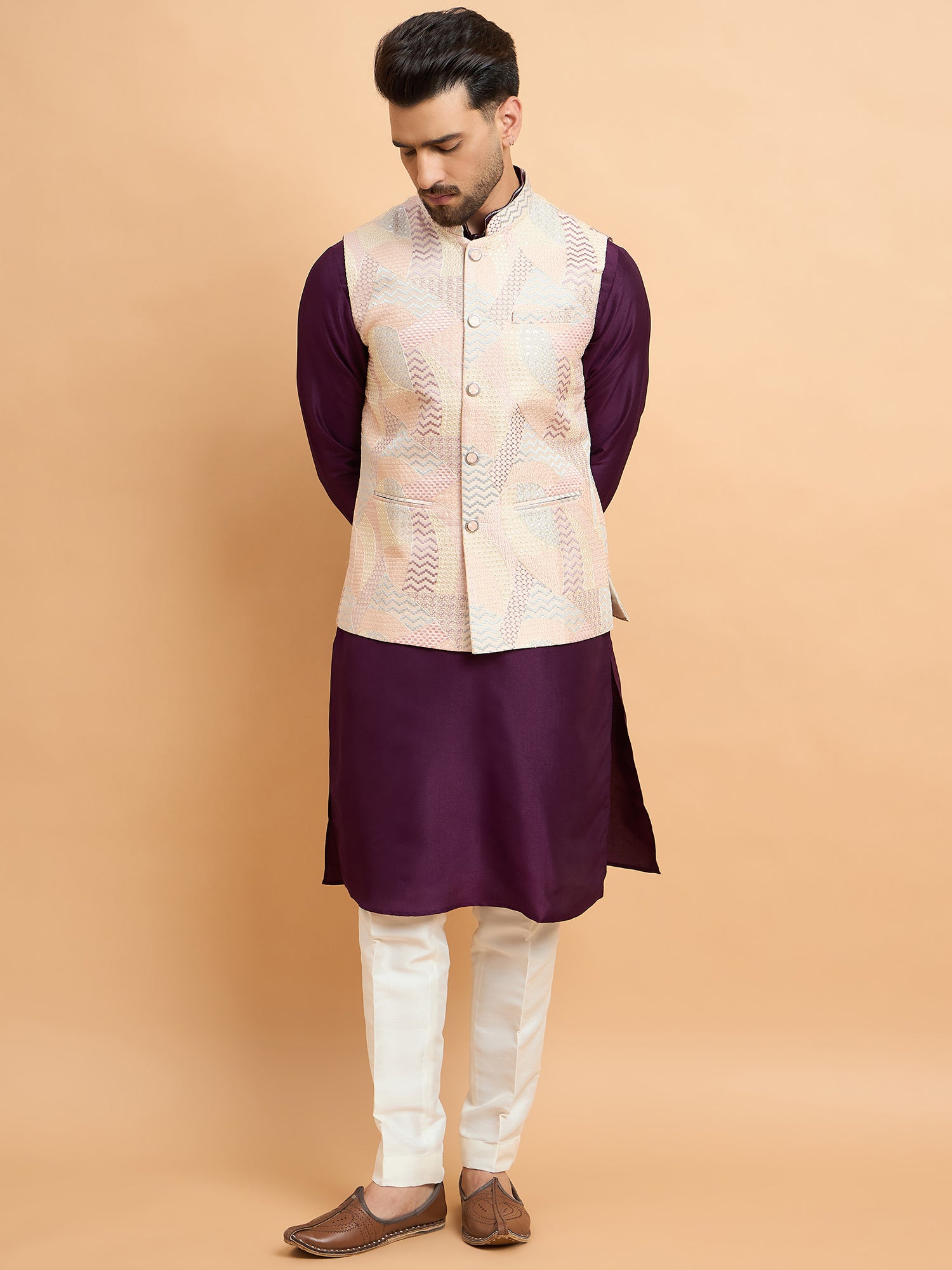 Purple Embroidered Kurta Jacket Set