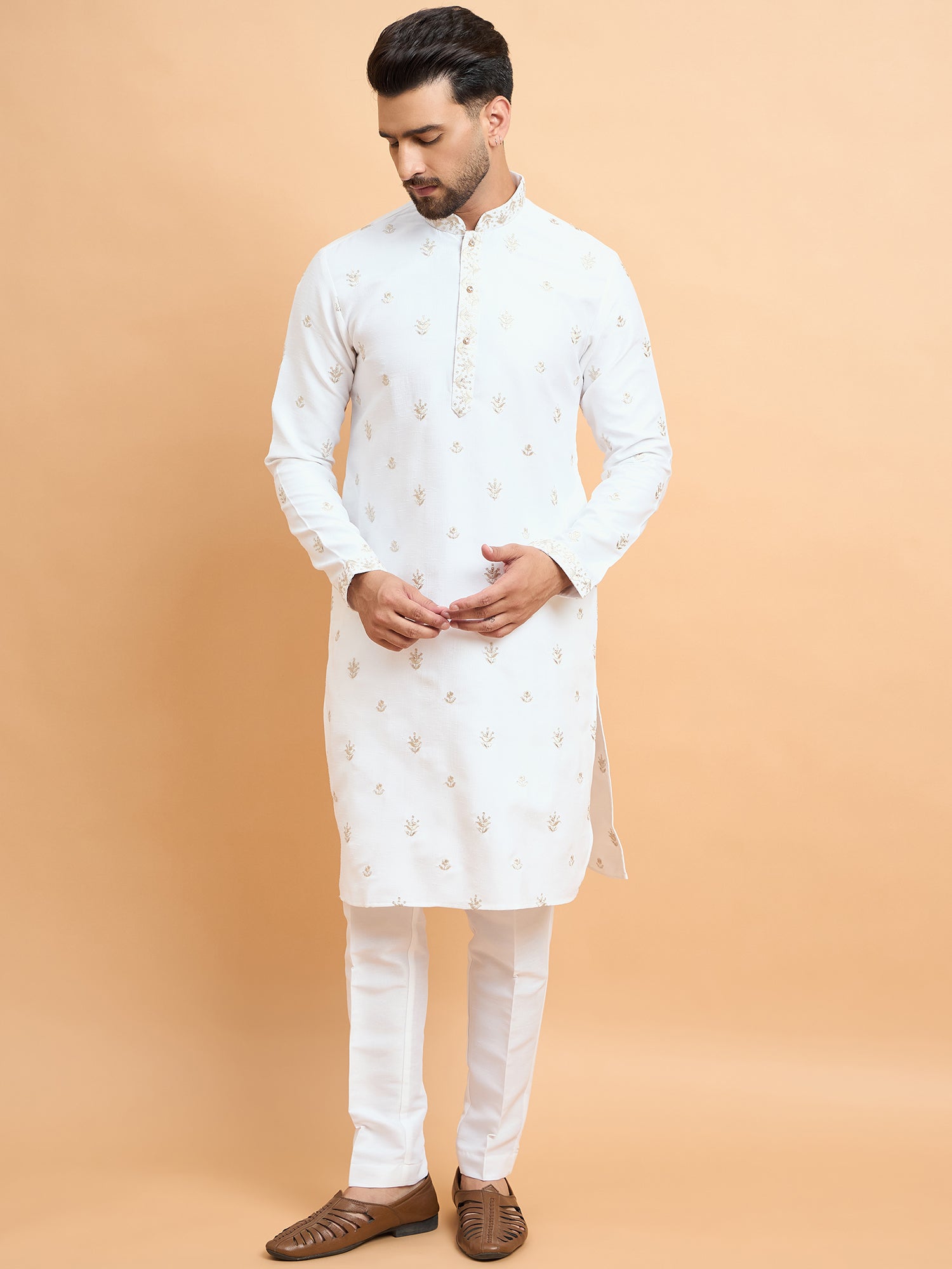 White Lucknowi Embroidered Koti Kurta Set