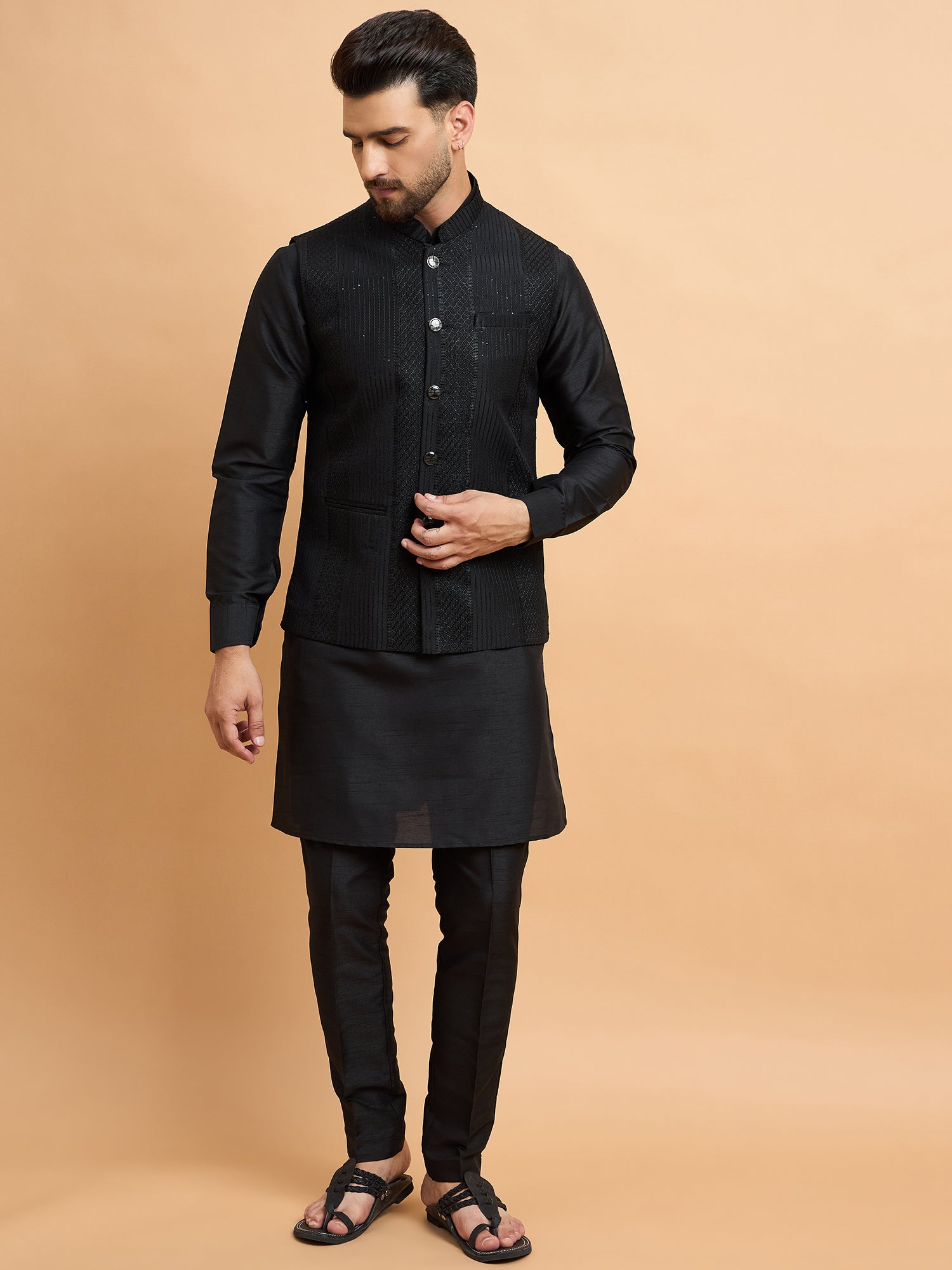 Black Lucknowi Koti Kurta Set