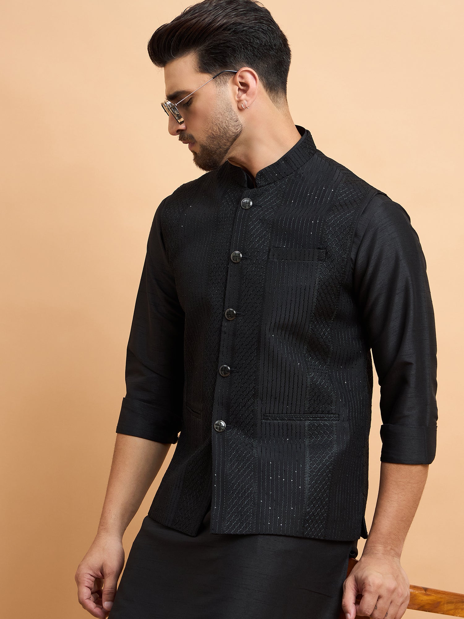 Black Lucknowi Koti Kurta Set