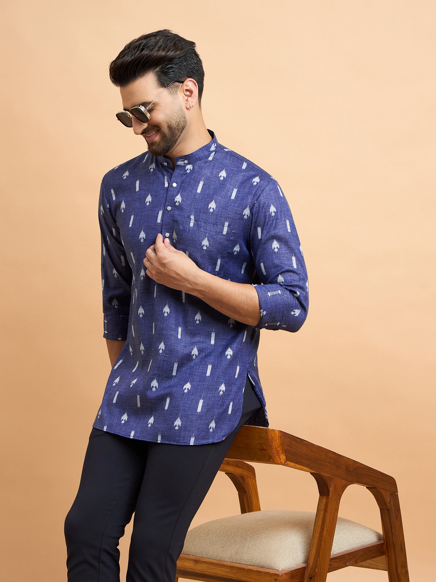 Blue Ikkat Cotton Linen Short Kurta Only