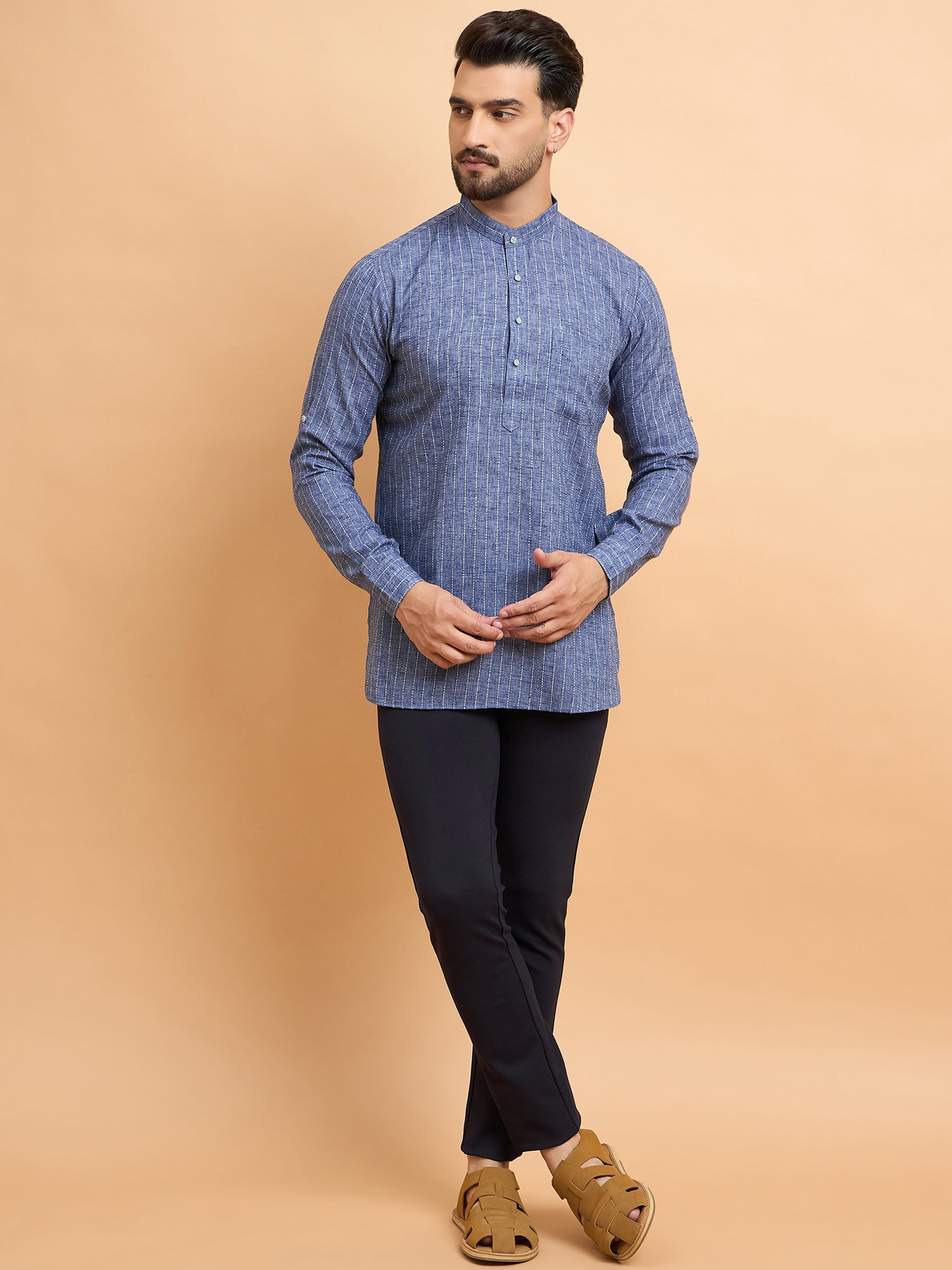 Grey Lining Cotton Linen Short Kurta Only