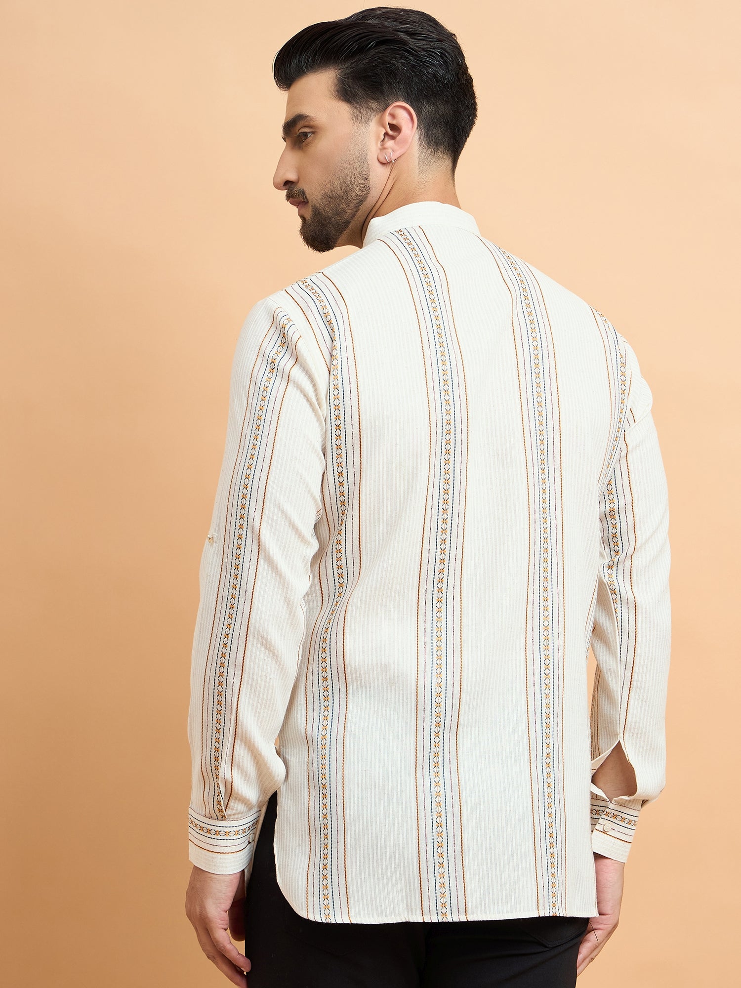 Beige Lining Cotton Linen Short Kurta Only