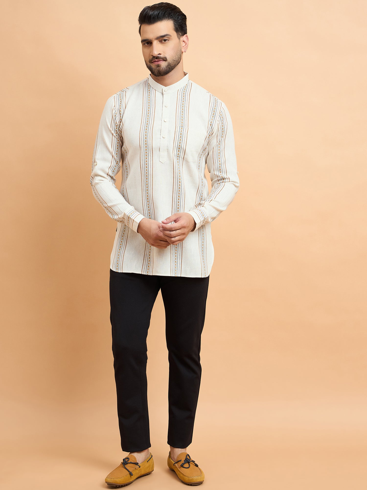 Beige Lining Cotton Linen Short Kurta Only
