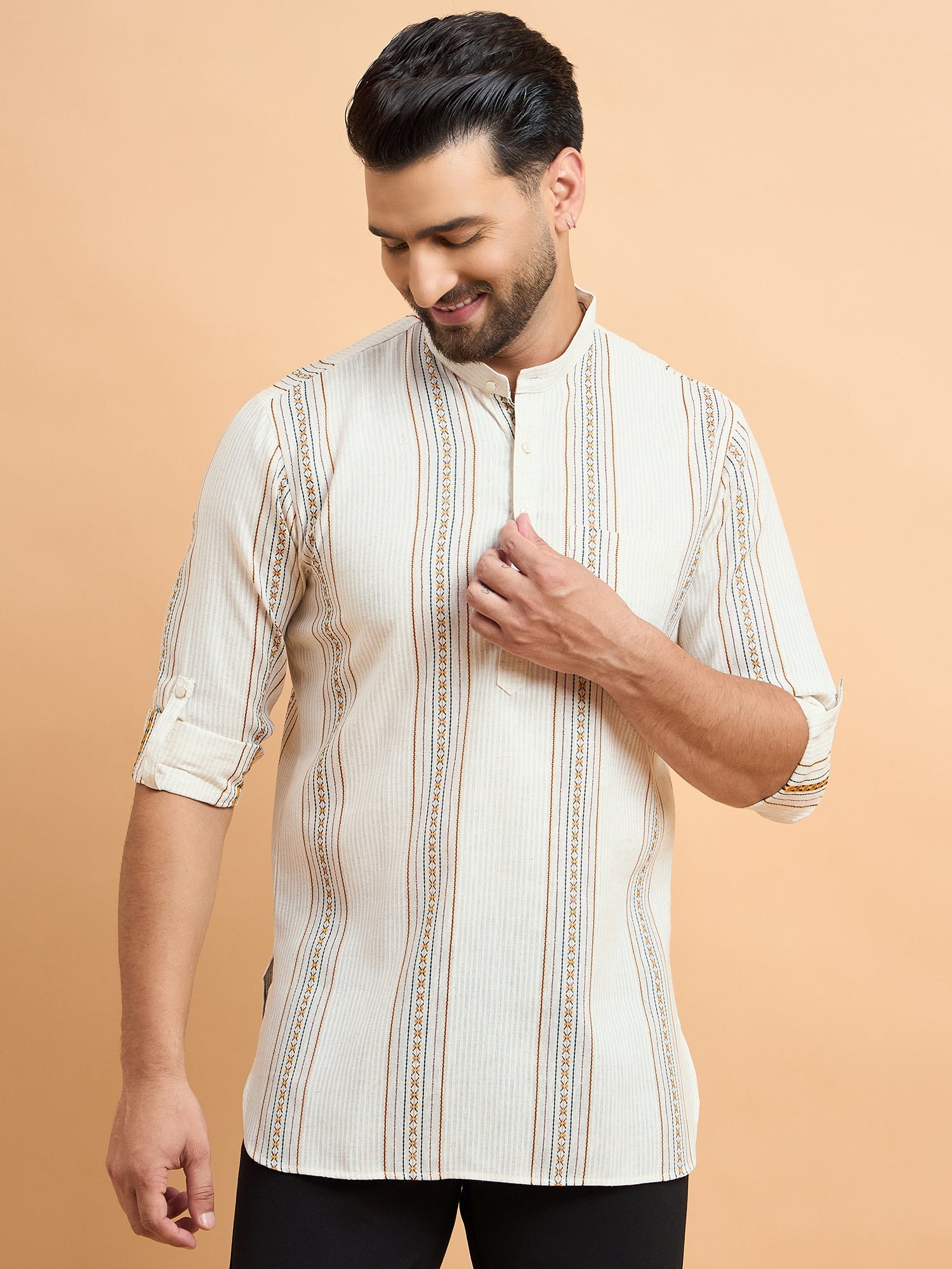 Beige Lining Cotton Linen Short Kurta Only