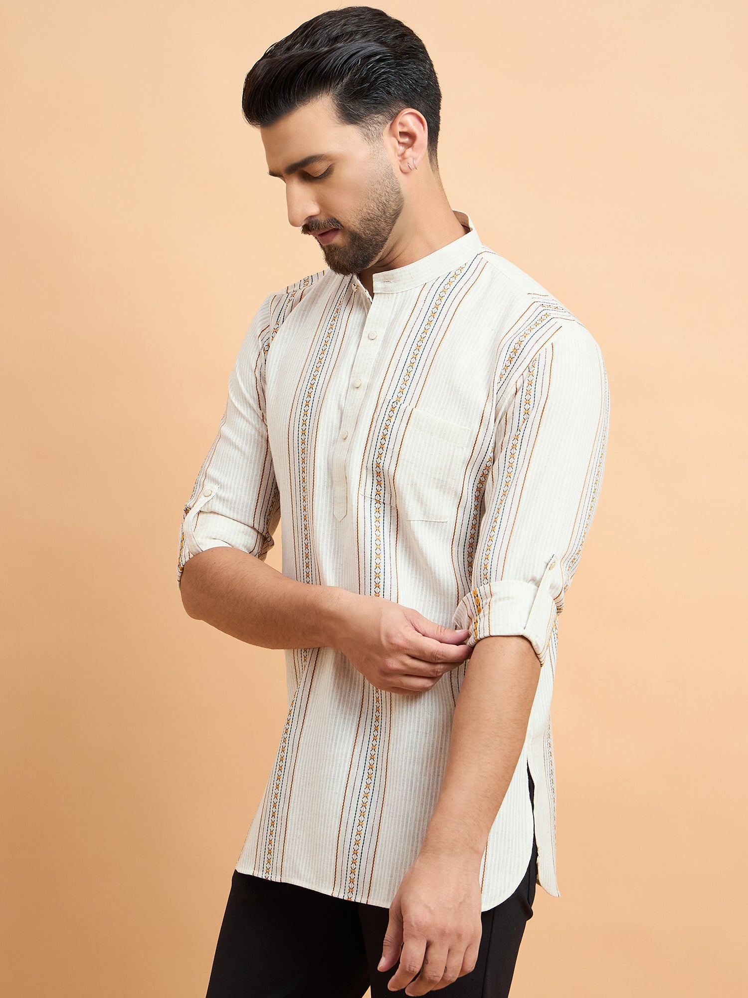 Beige Lining Cotton Linen Short Kurta Only