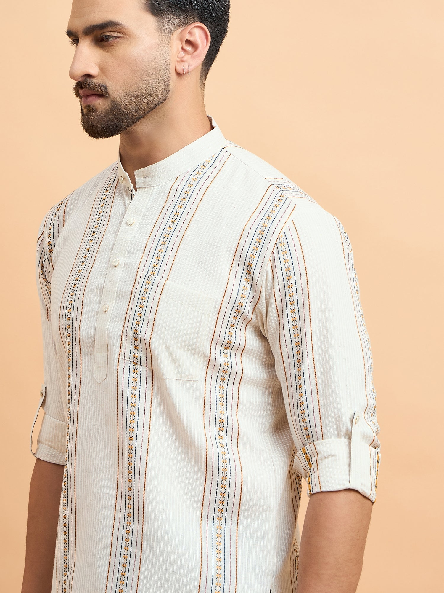 Beige Lining Cotton Linen Short Kurta Only