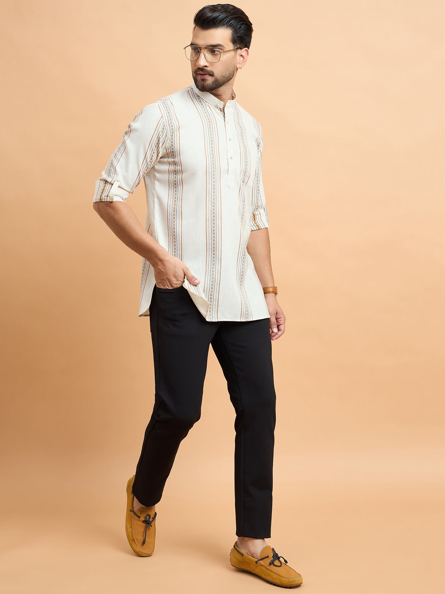 Beige Lining Cotton Linen Short Kurta Only