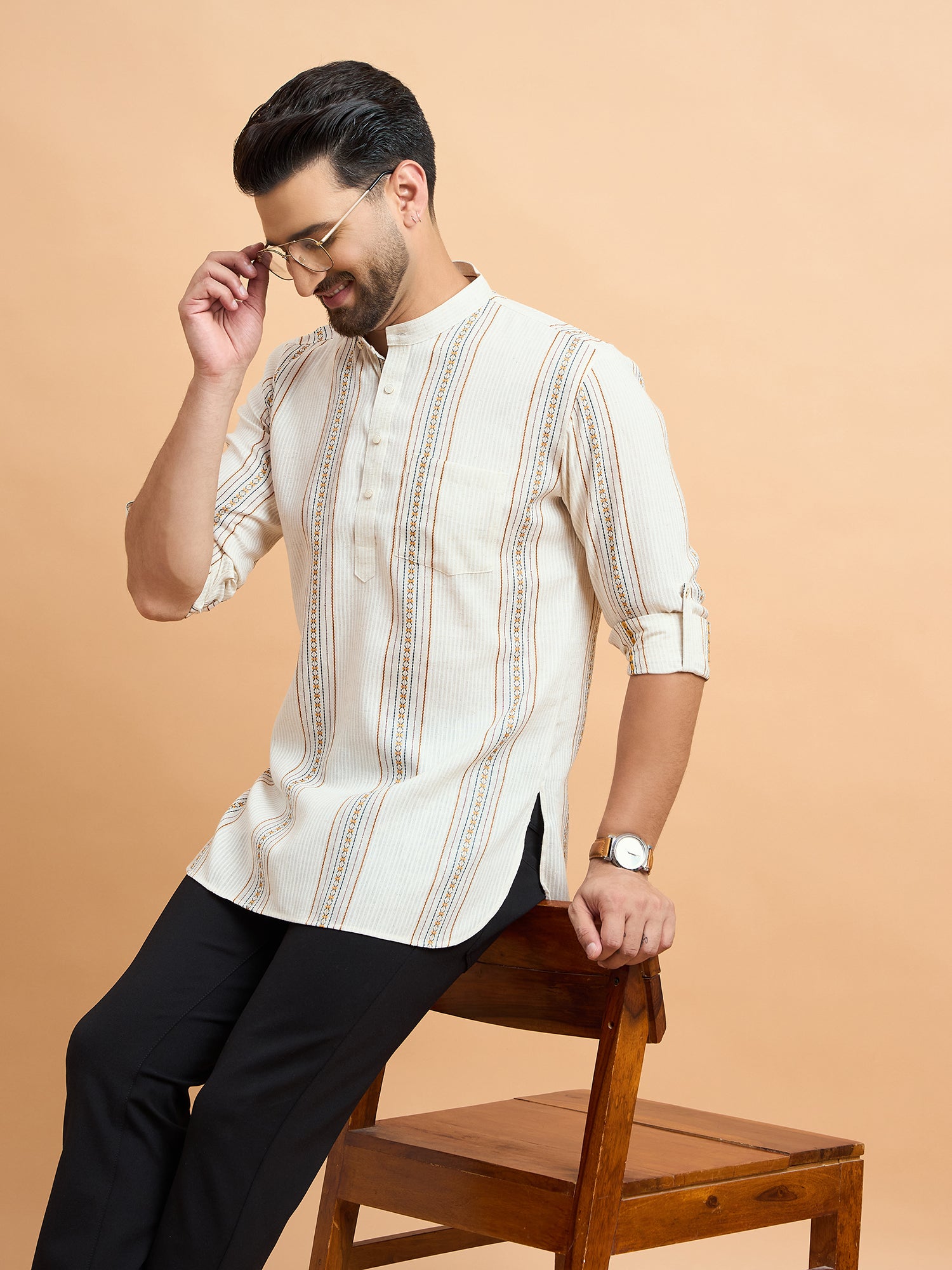 Beige Lining Cotton Linen Short Kurta Only