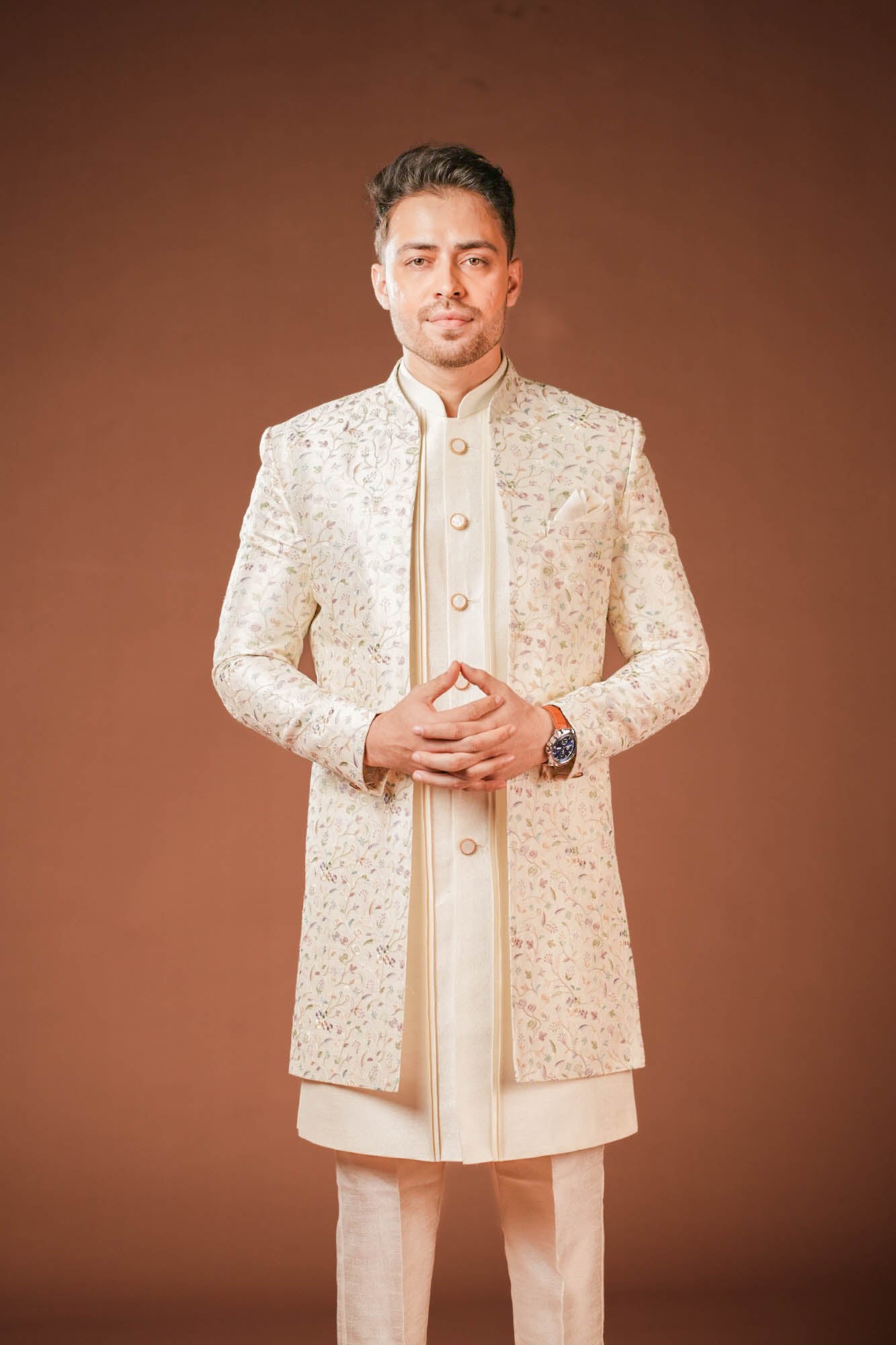 Cream Multi Threadwork Indowestern Set