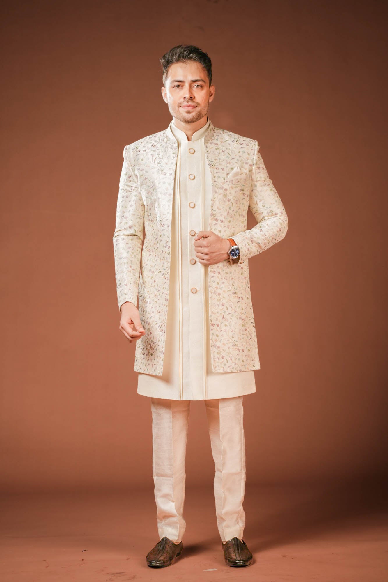Cream Multi Threadwork Indowestern Set