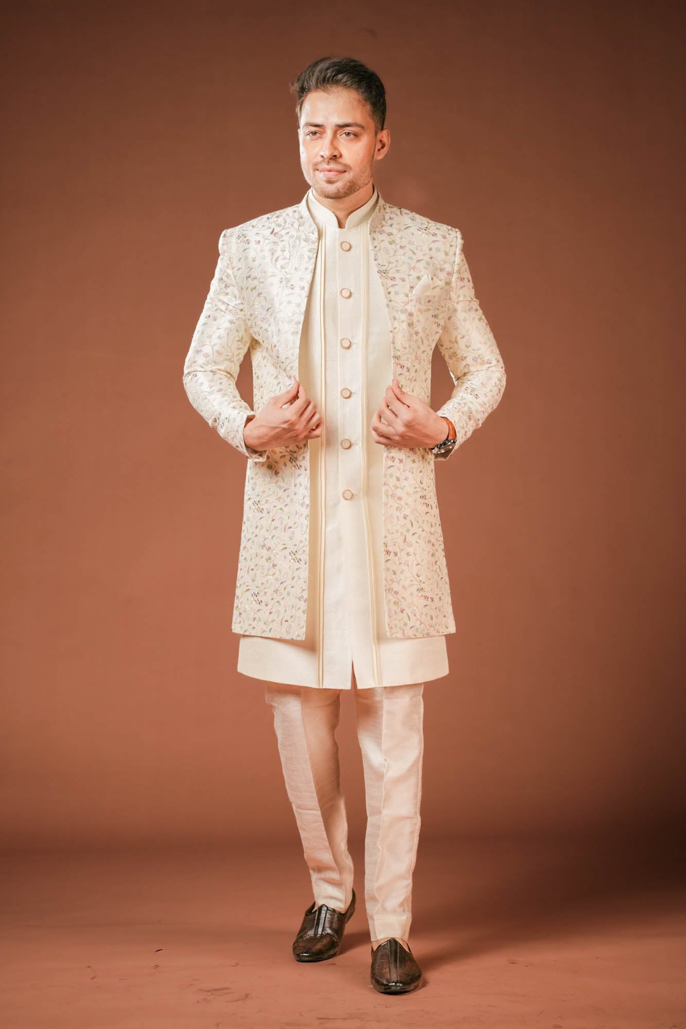 Cream Multi Threadwork Indowestern Set