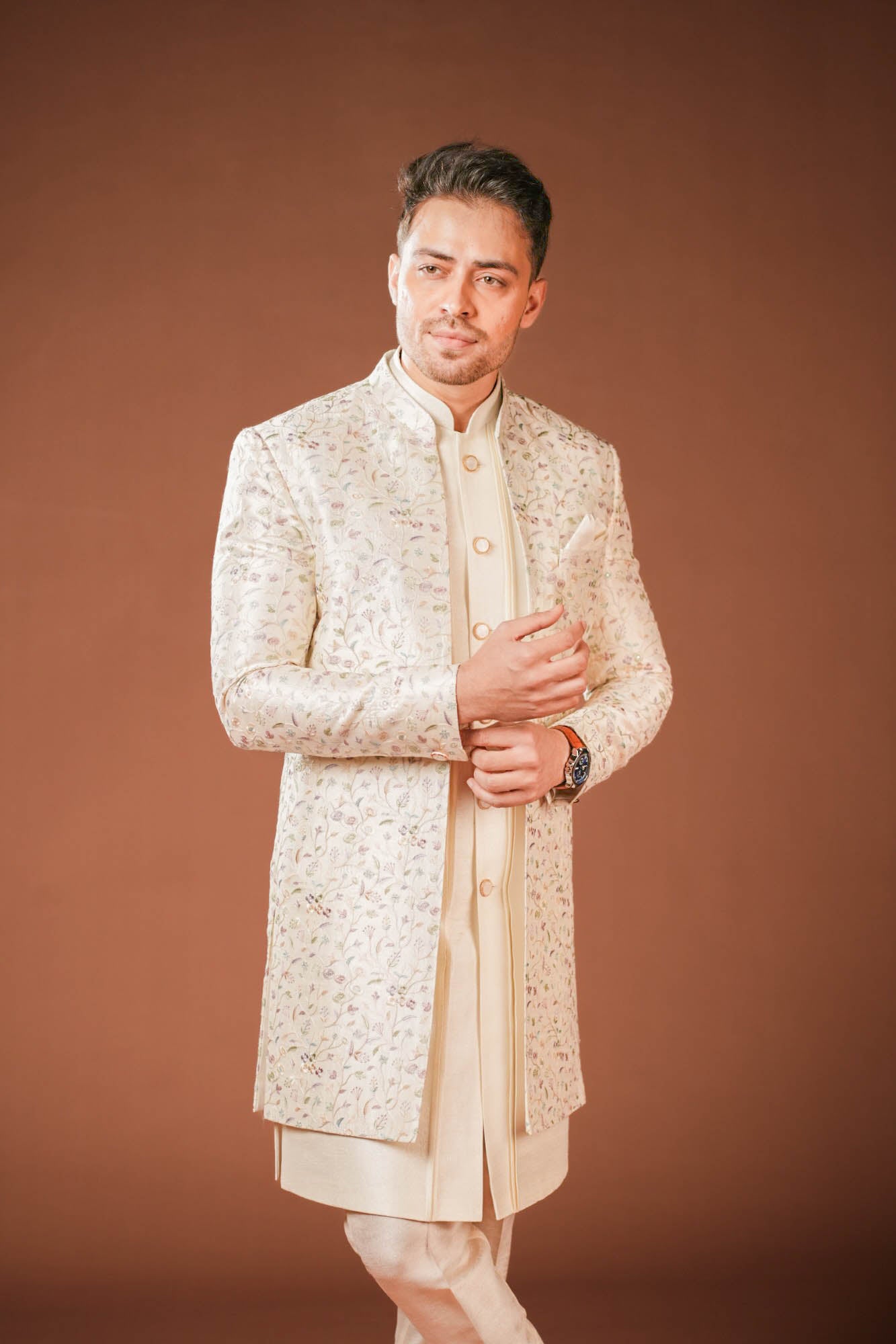 Cream Multi Threadwork Indowestern Set