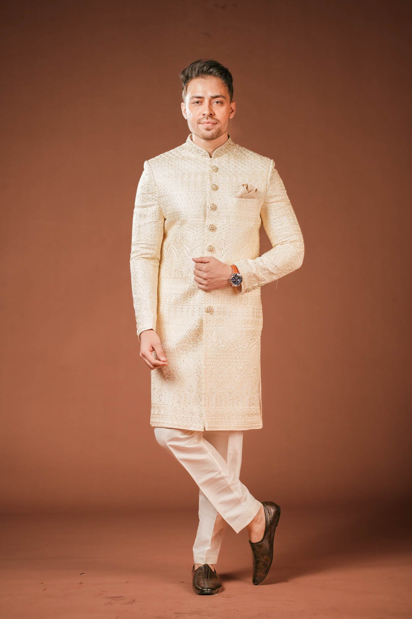 Cream Georgette Lucknowi Threadwork Sherwani with Handwork