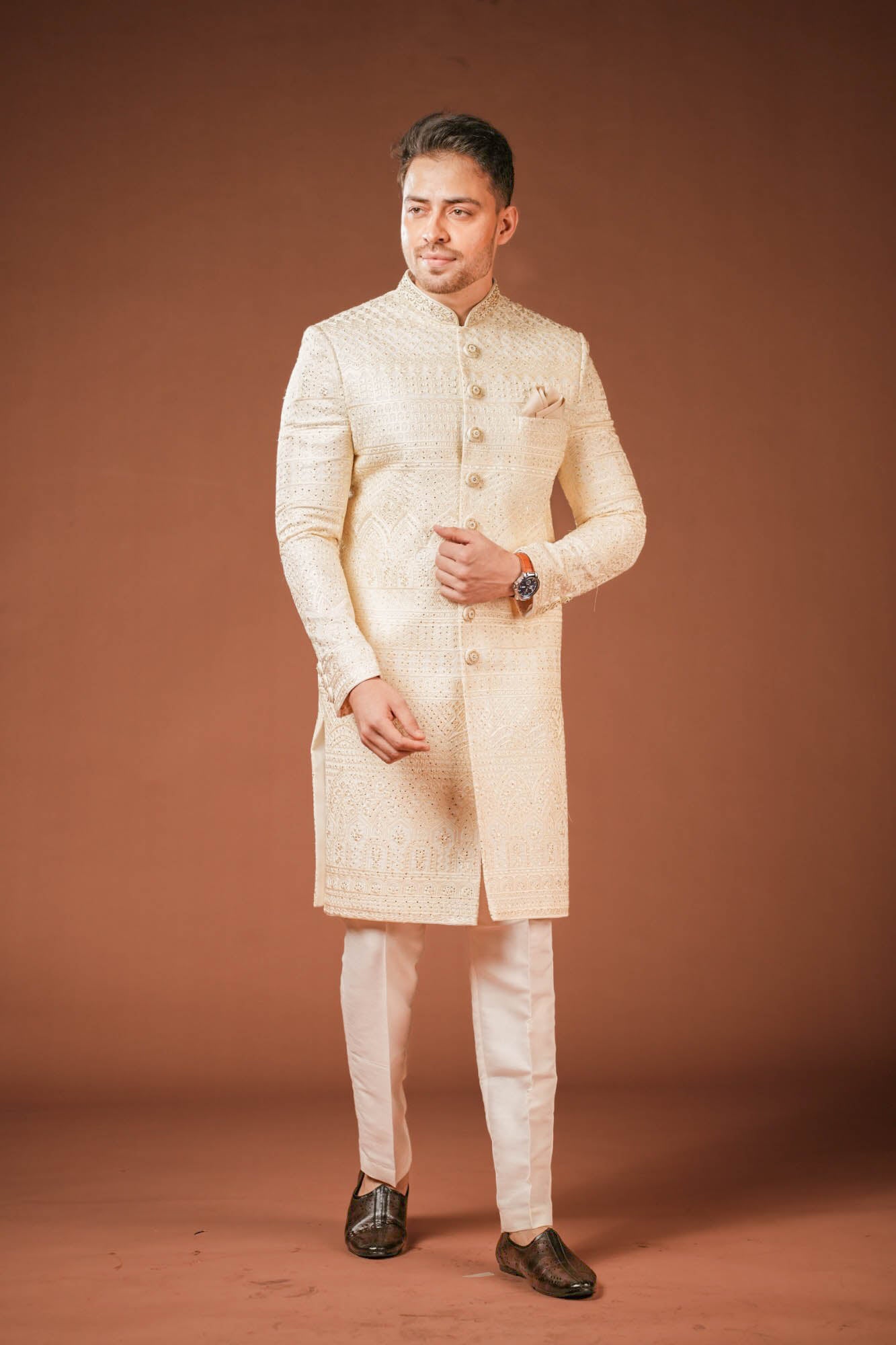 Cream Georgette Lucknowi Threadwork Sherwani with Handwork