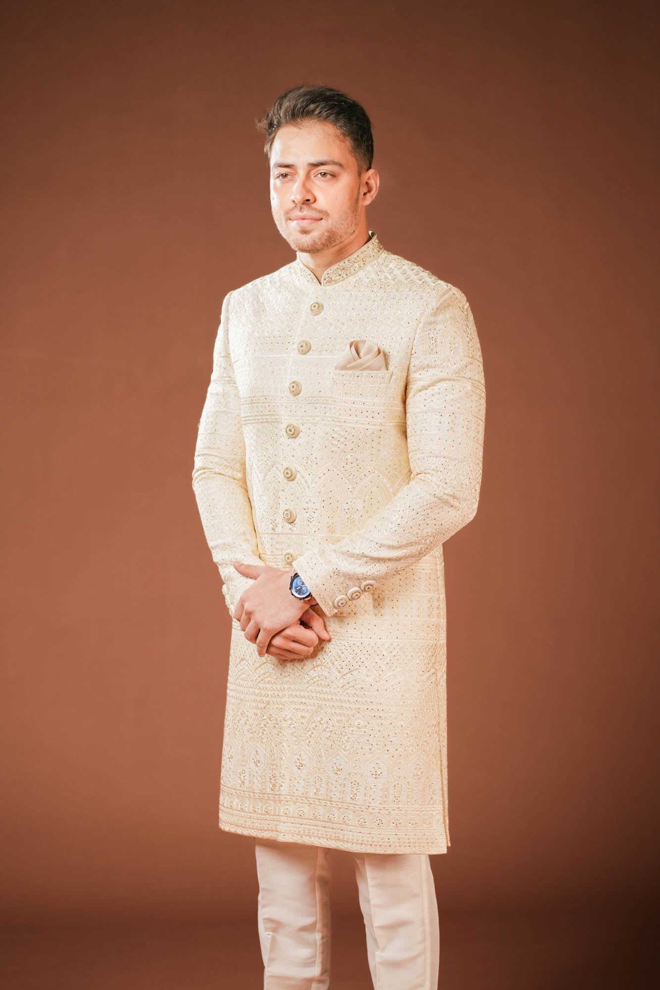 Cream Georgette Lucknowi Threadwork Sherwani with Handwork