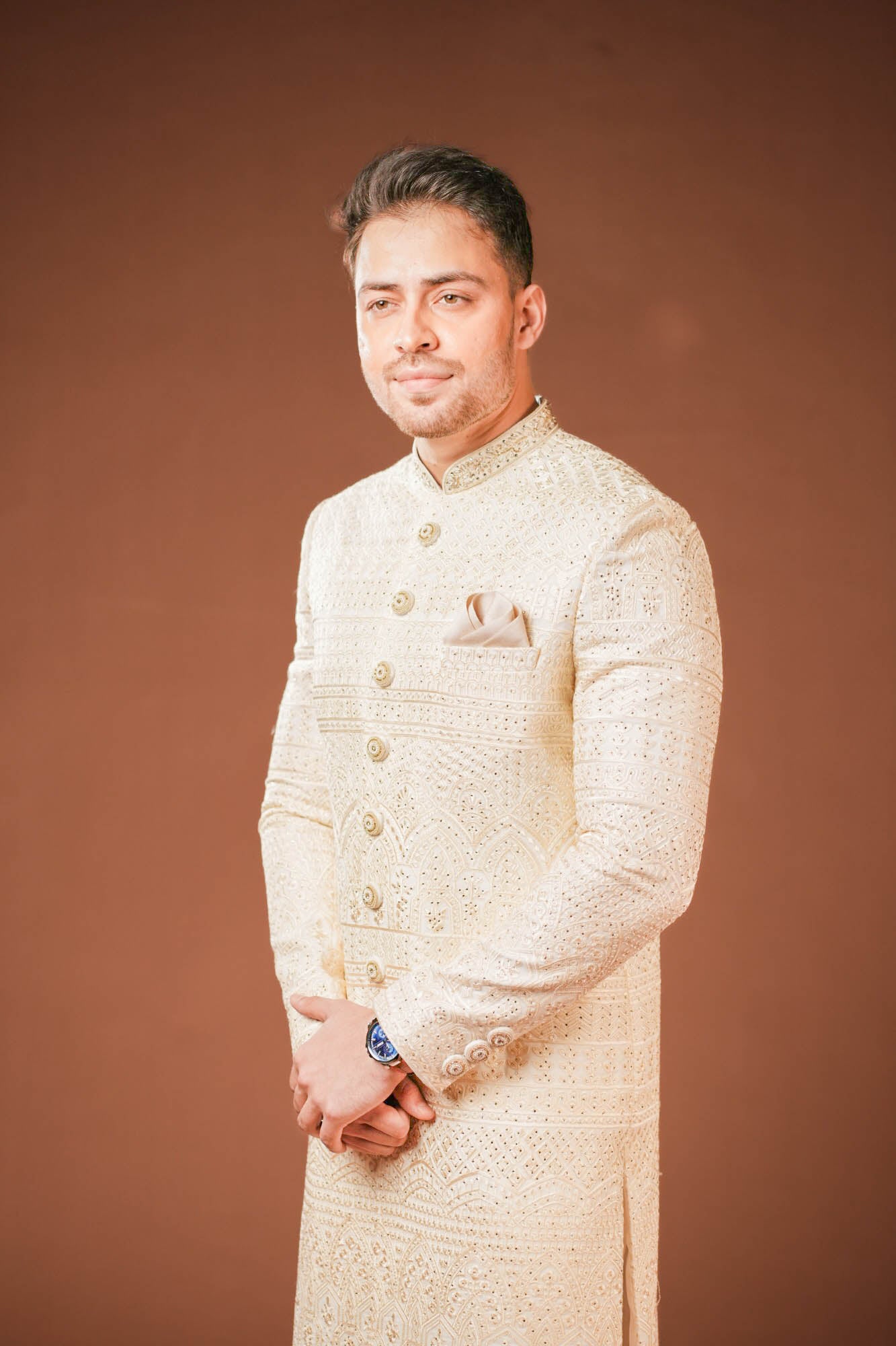 Cream Georgette Lucknowi Threadwork Sherwani with Handwork