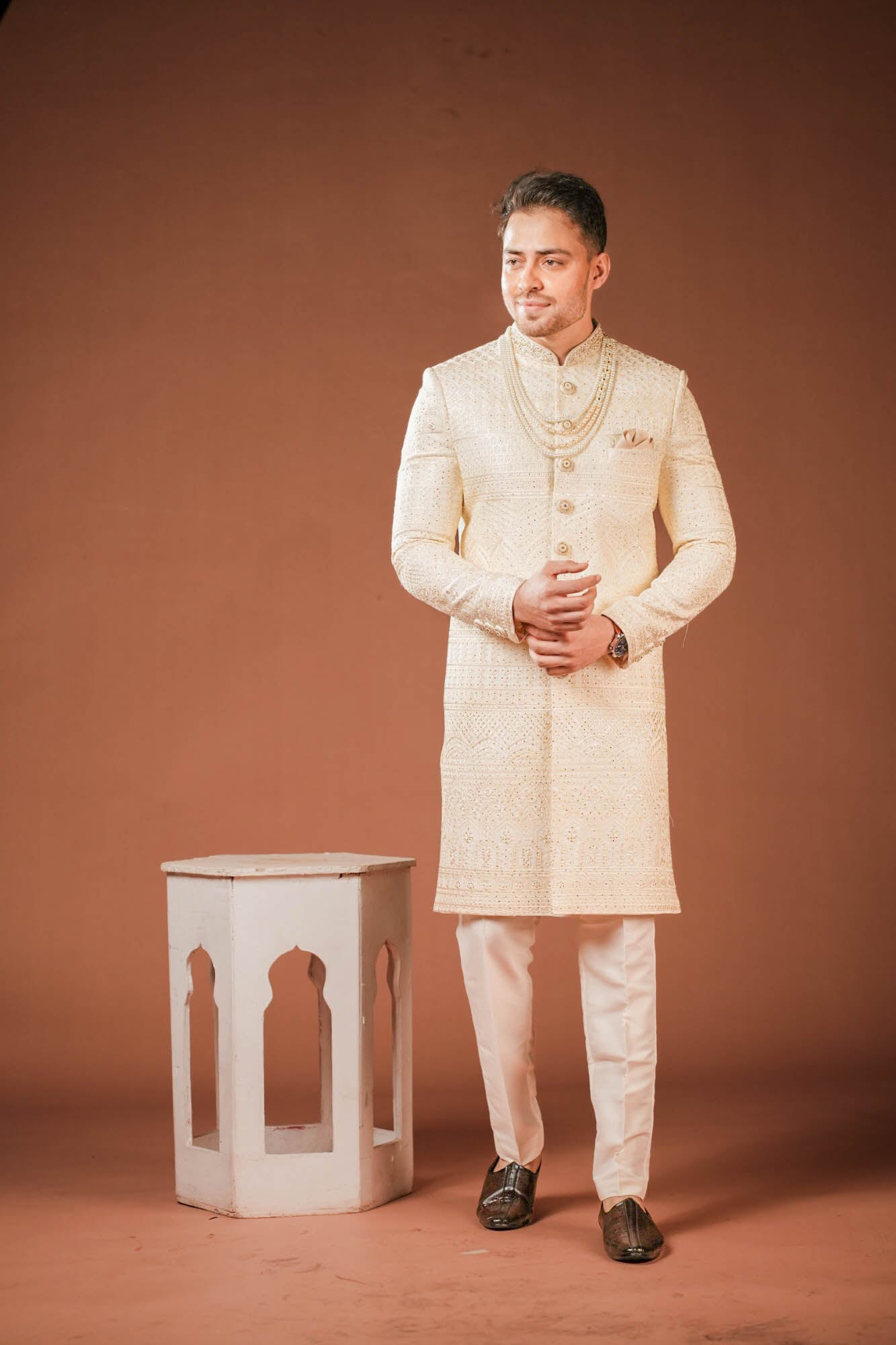 Cream Georgette Lucknowi Threadwork Sherwani with Handwork
