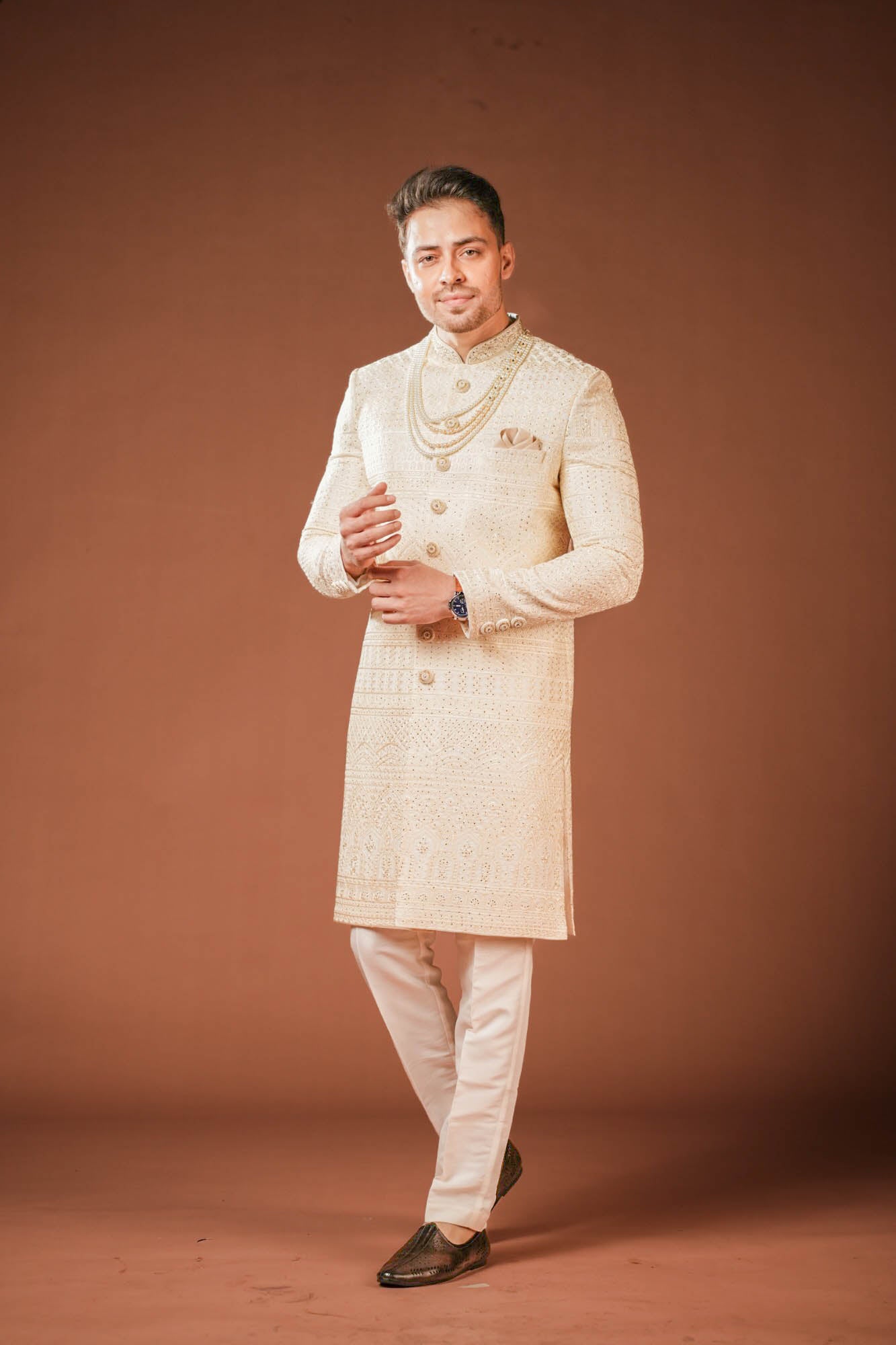 Cream Georgette Lucknowi Threadwork Sherwani with Handwork
