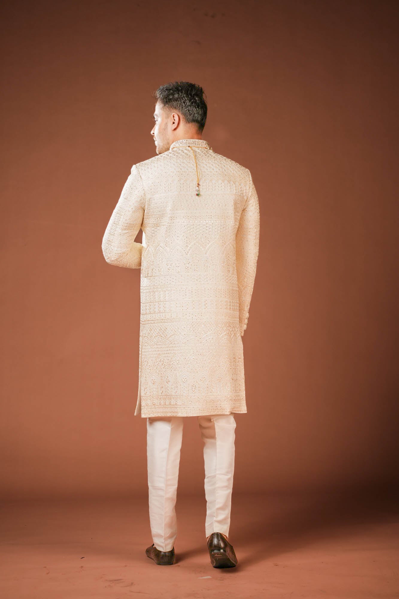 Cream Georgette Lucknowi Threadwork Sherwani with Handwork