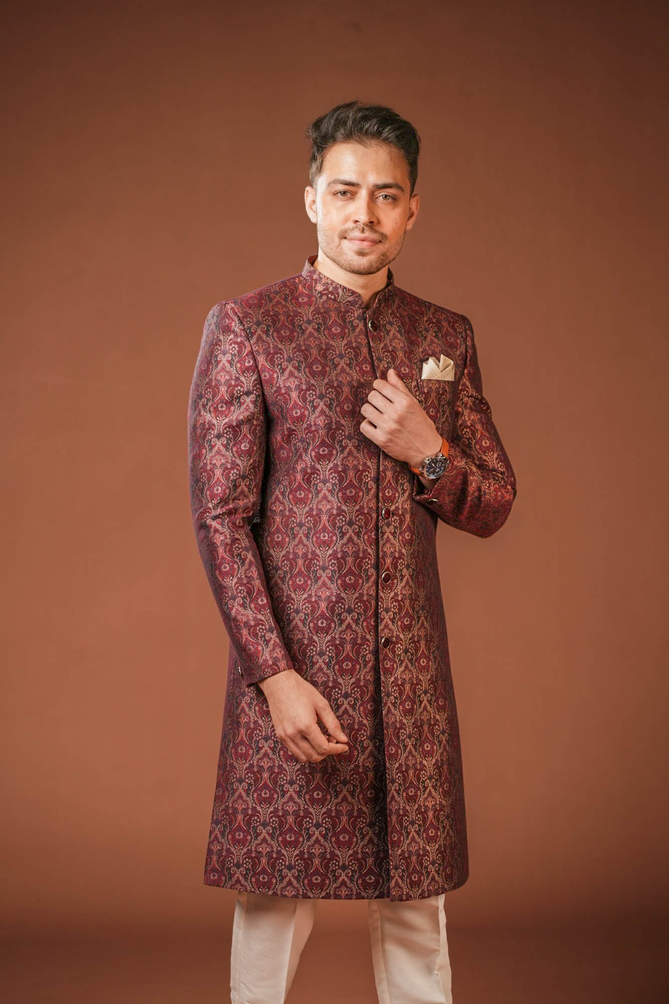 Maroon Jaquard Nawabi Set