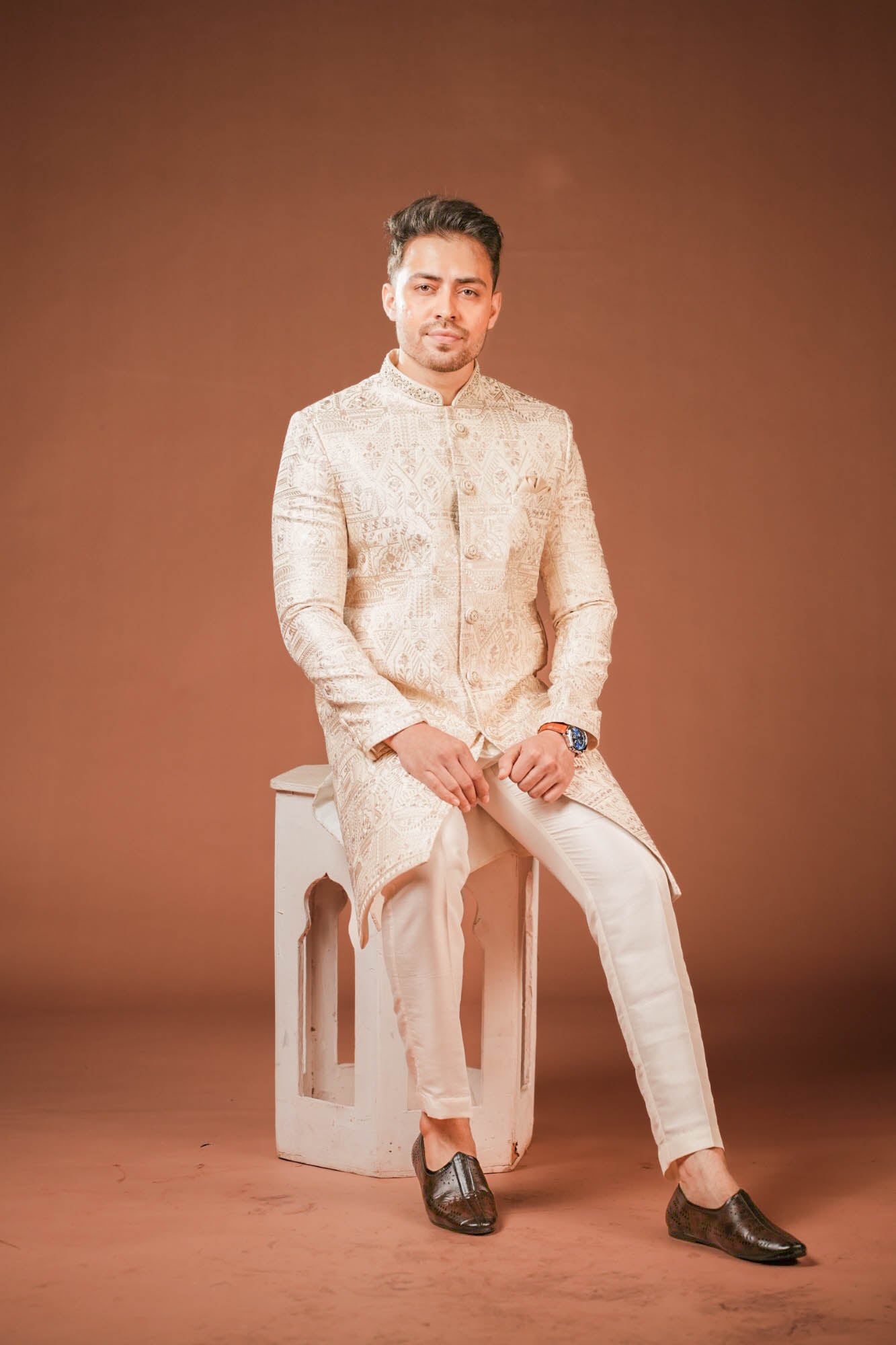 Beige Embroidered Sherwani Set