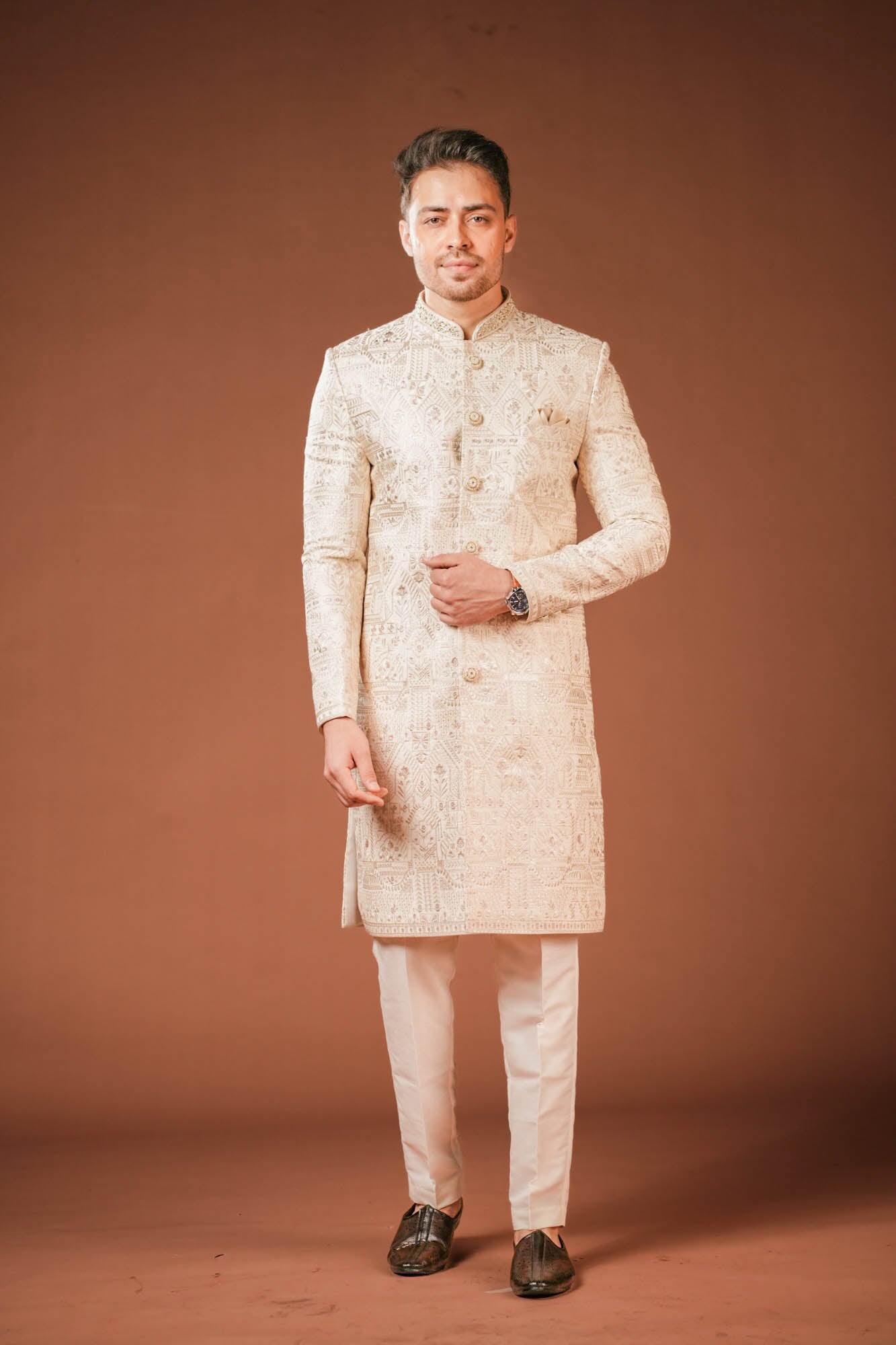 Beige Embroidered Sherwani Set