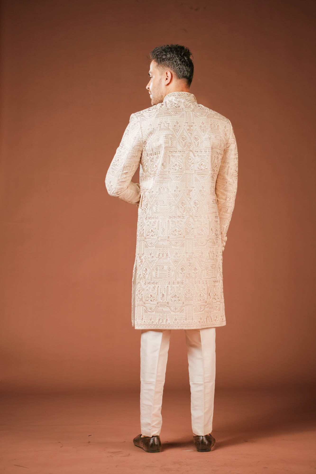 Beige Embroidered Sherwani Set