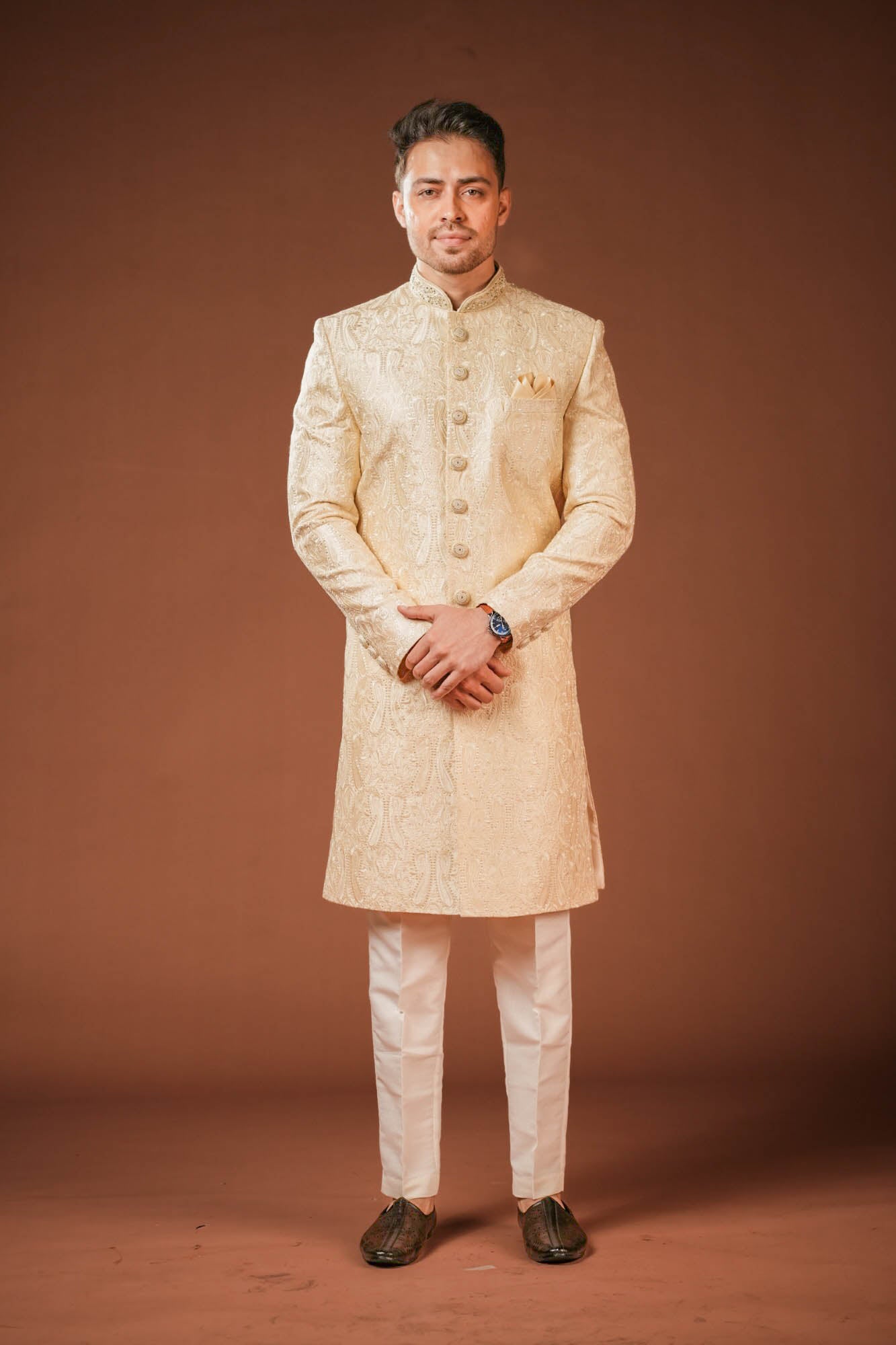 Cream Embroidered Sherwani Set