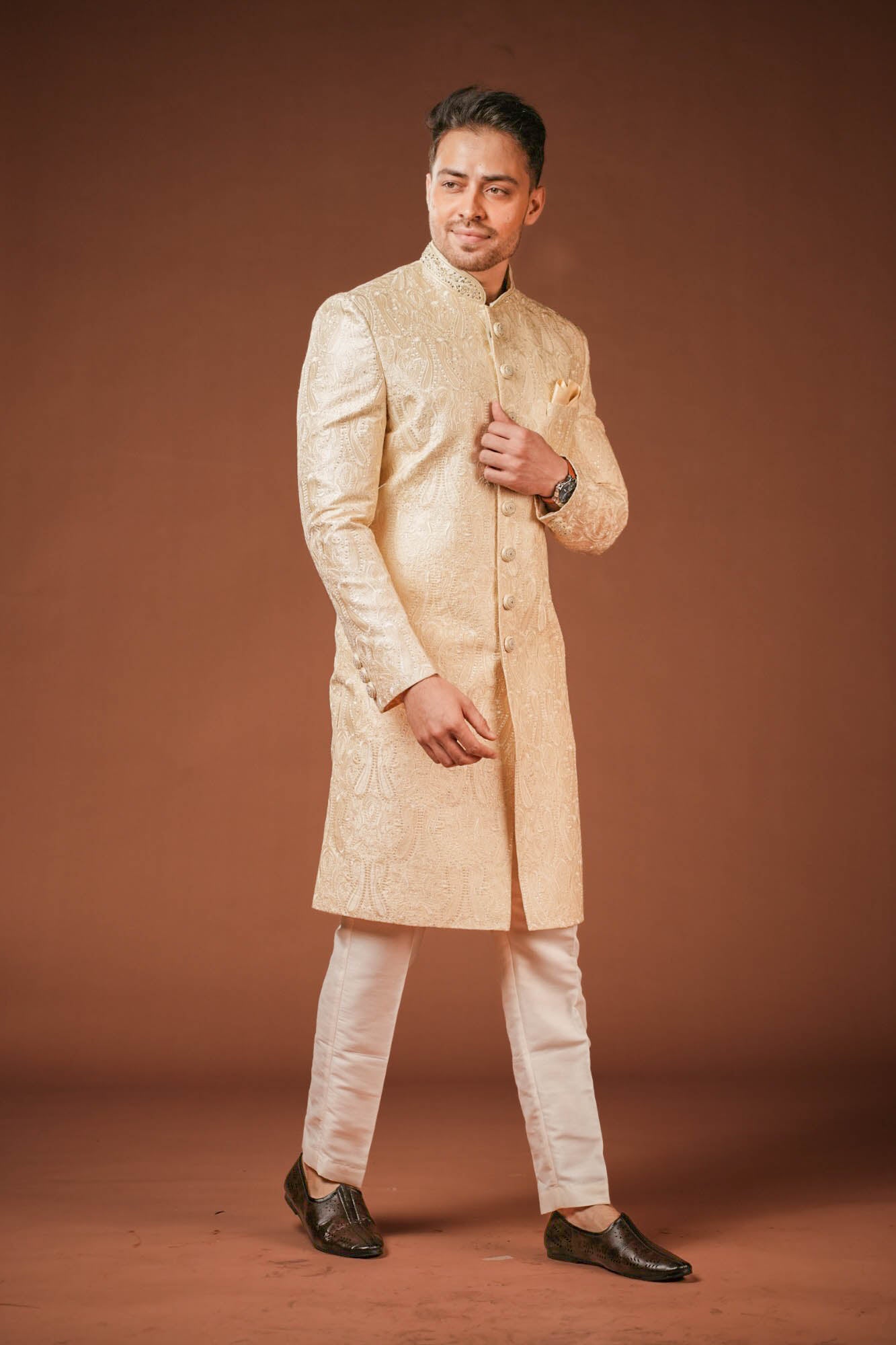 Cream Embroidered Sherwani Set
