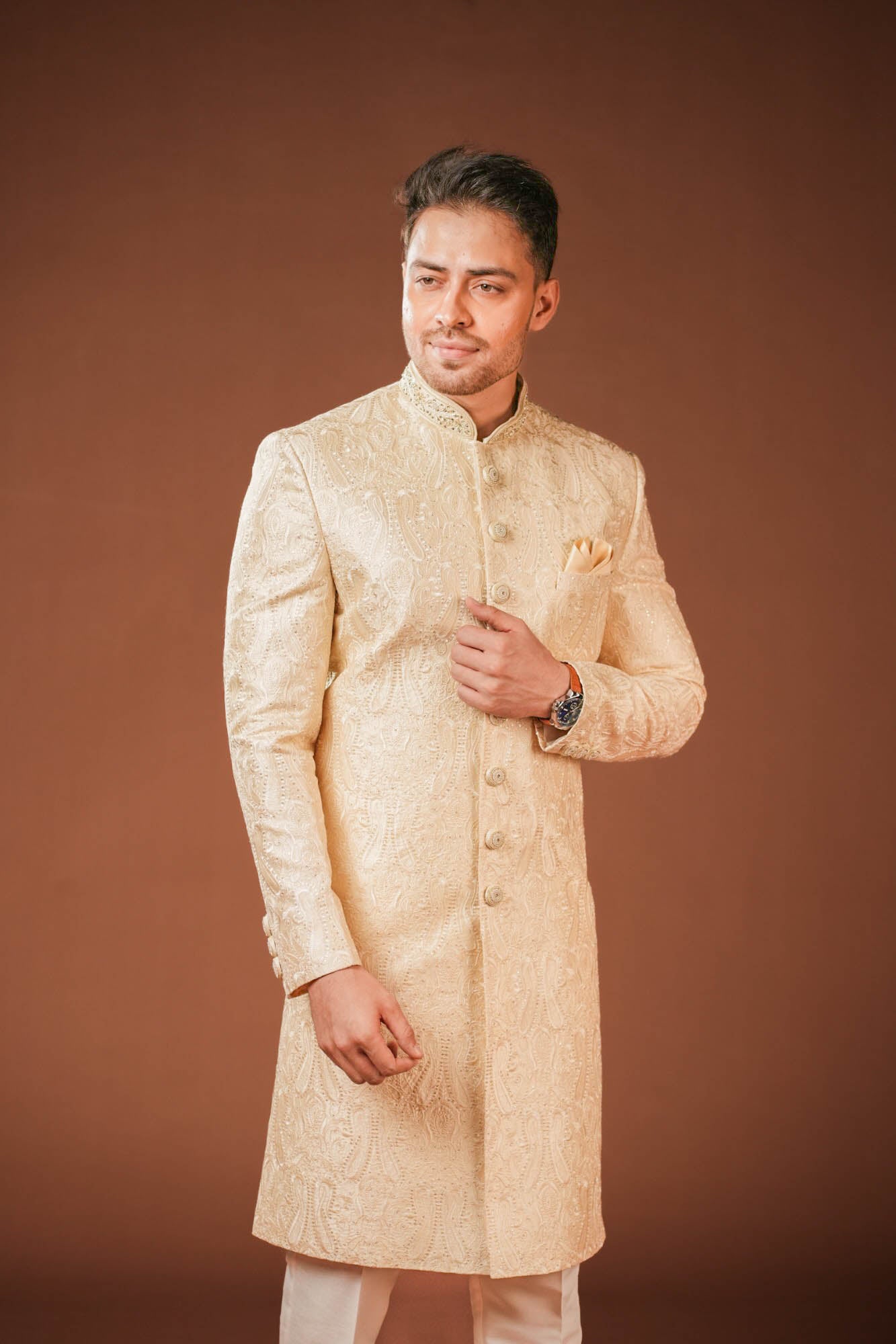 Cream Embroidered Sherwani Set