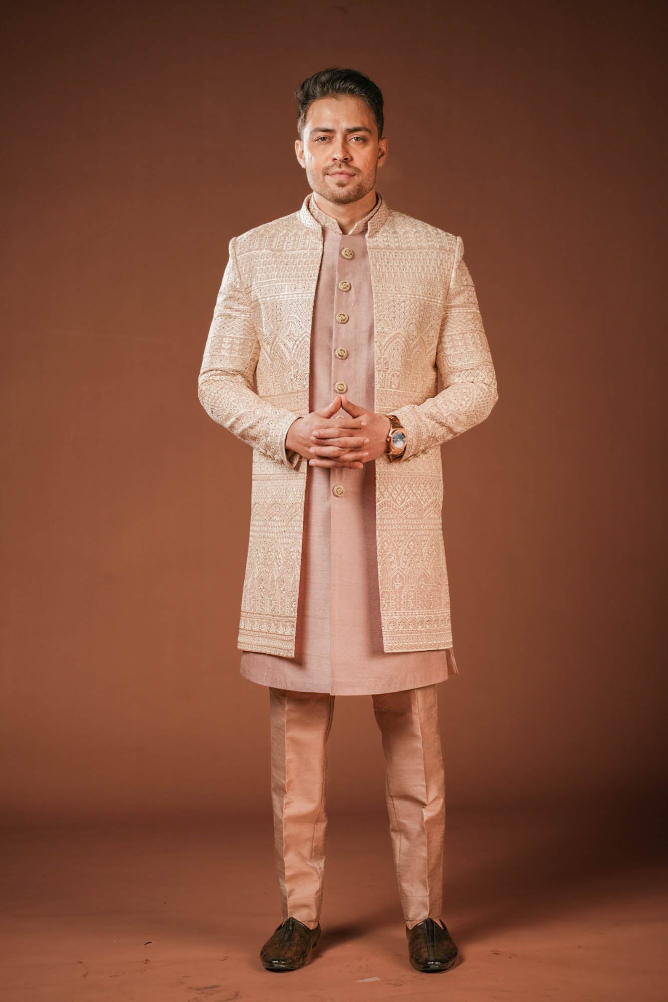 Onion Pink Lucknowi Embroidered Indo Western Set