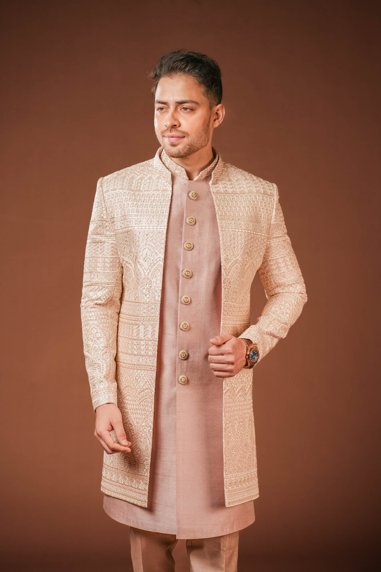 Onion Pink Lucknowi Embroidered Indo Western Set