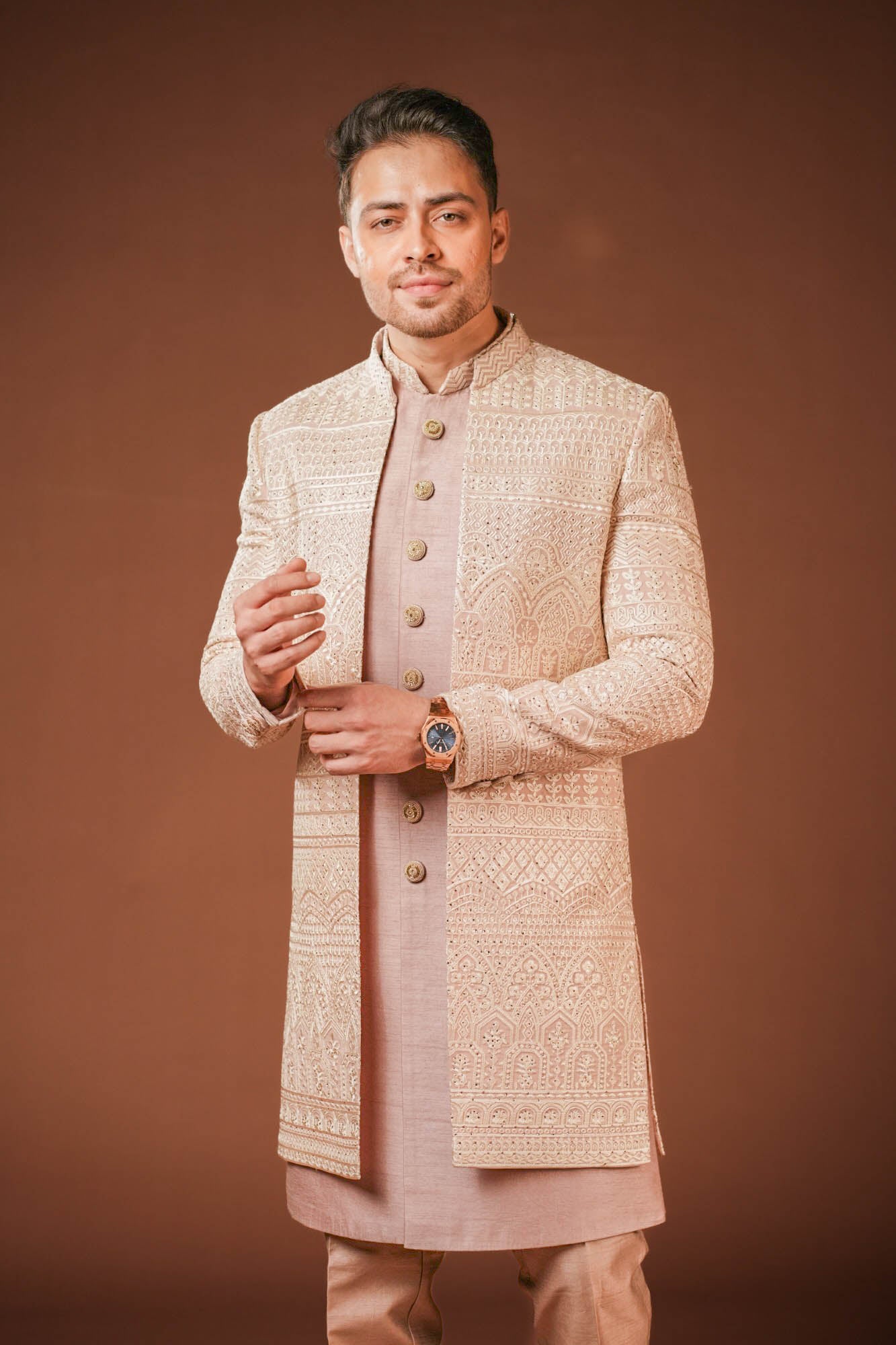 Onion Pink Lucknowi Embroidered Indo Western Set