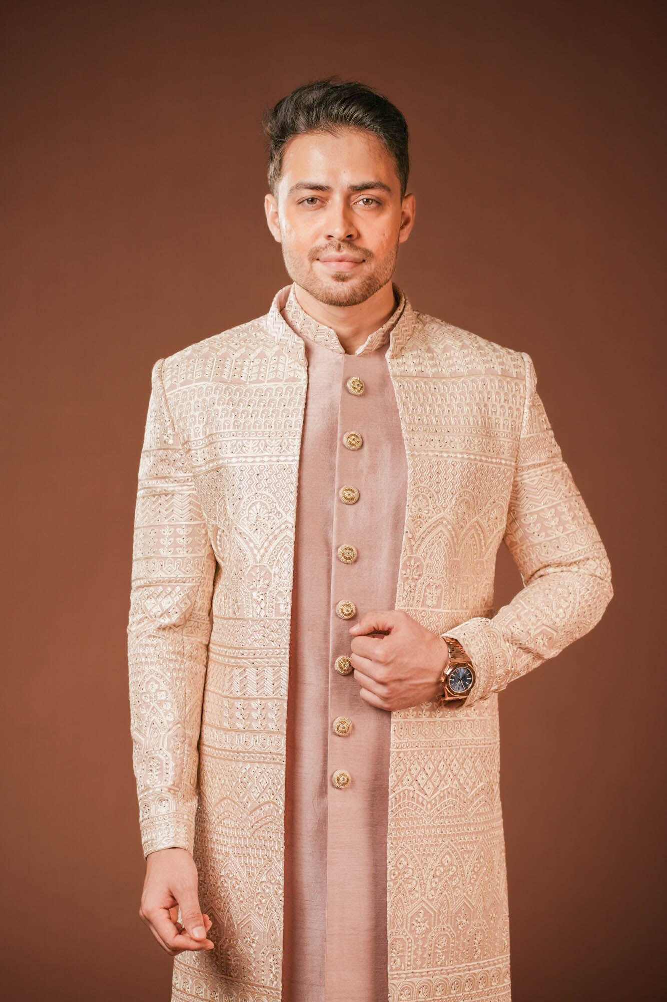 Onion Pink Lucknowi Embroidered Indo Western Set