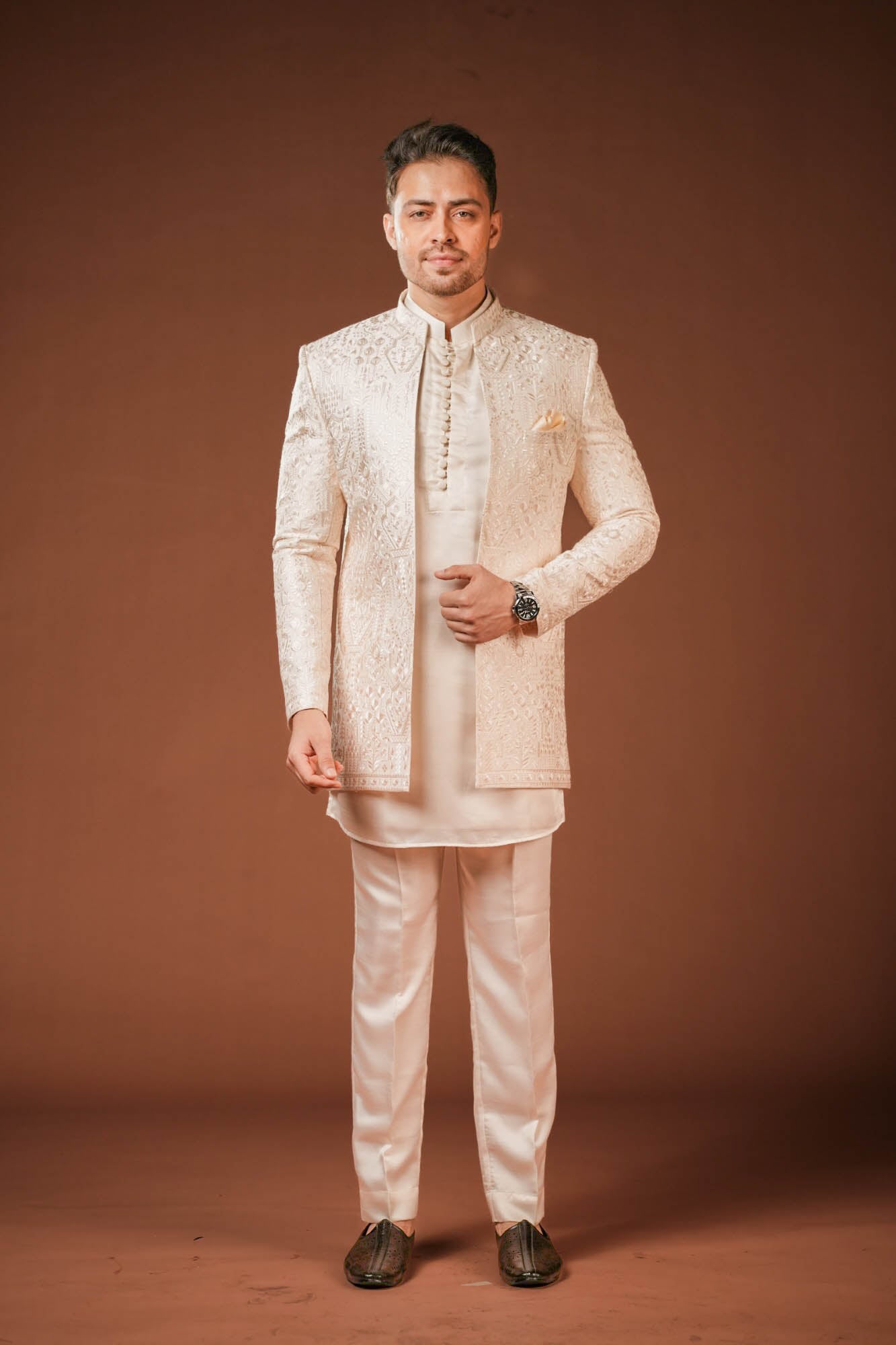 Cream Embroidered 3 piece Indo Western Set