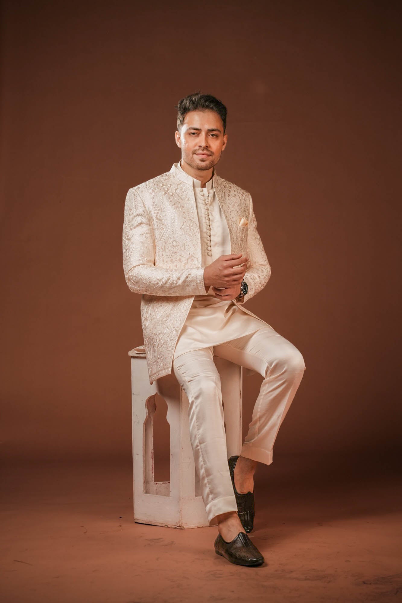 Cream Embroidered 3 piece Indo Western Set