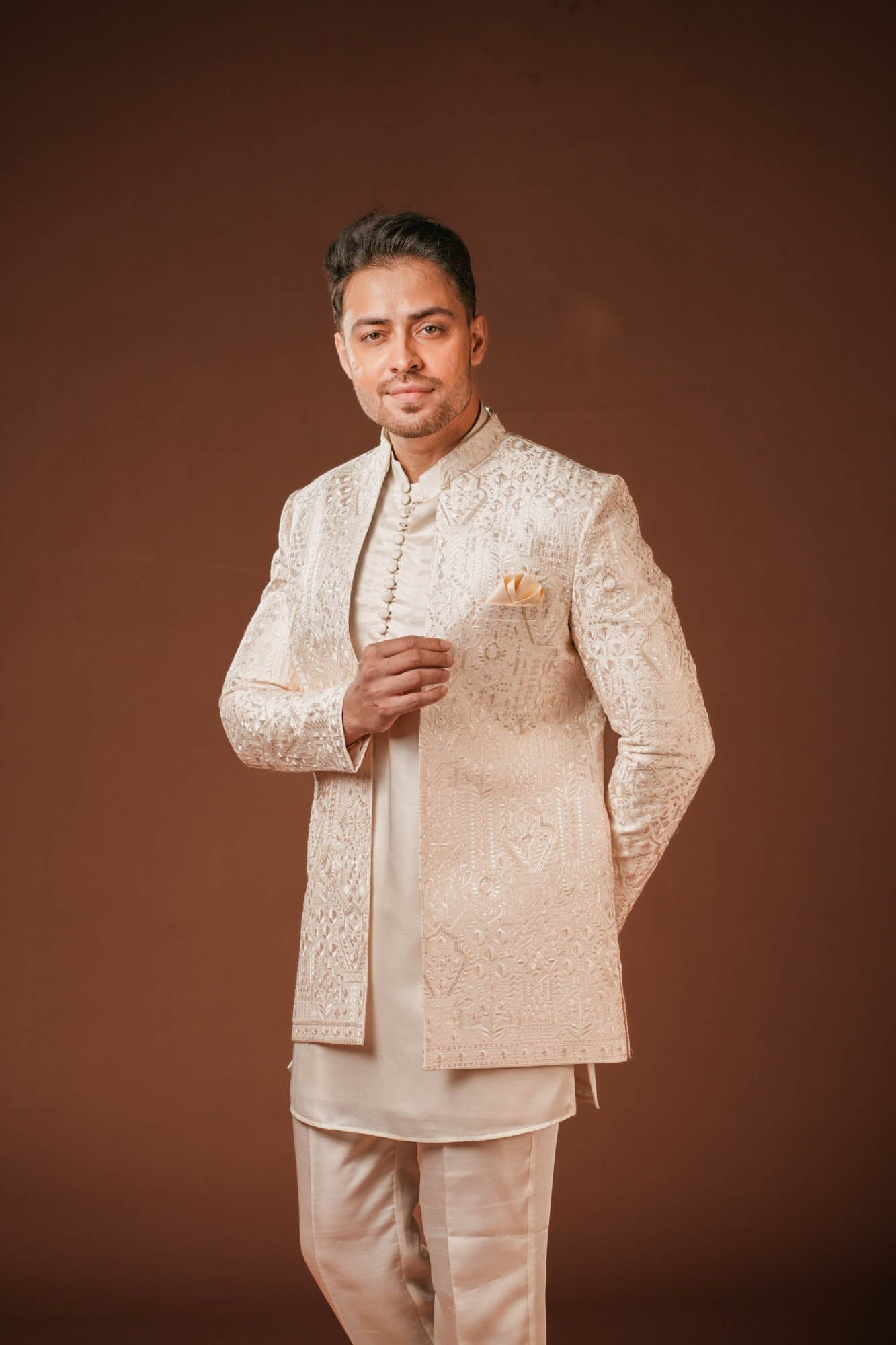 Cream Embroidered 3 piece Indo Western Set