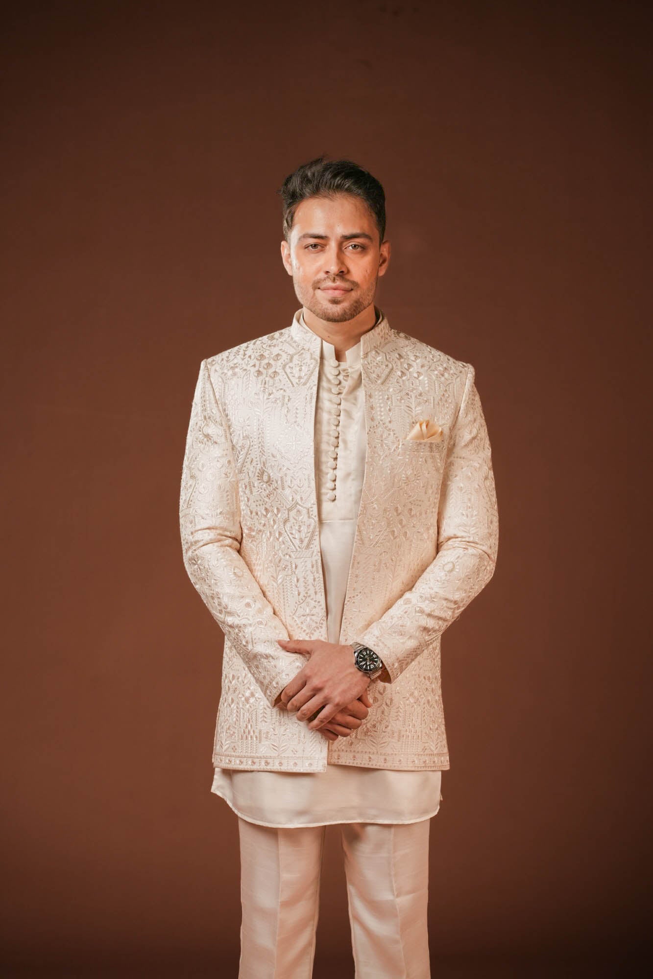 Cream Embroidered 3 piece Indo Western Set