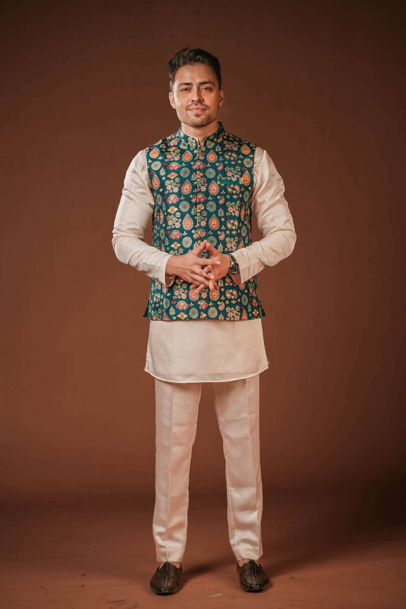 Teal Blue Brocket Nehru Jacket Set