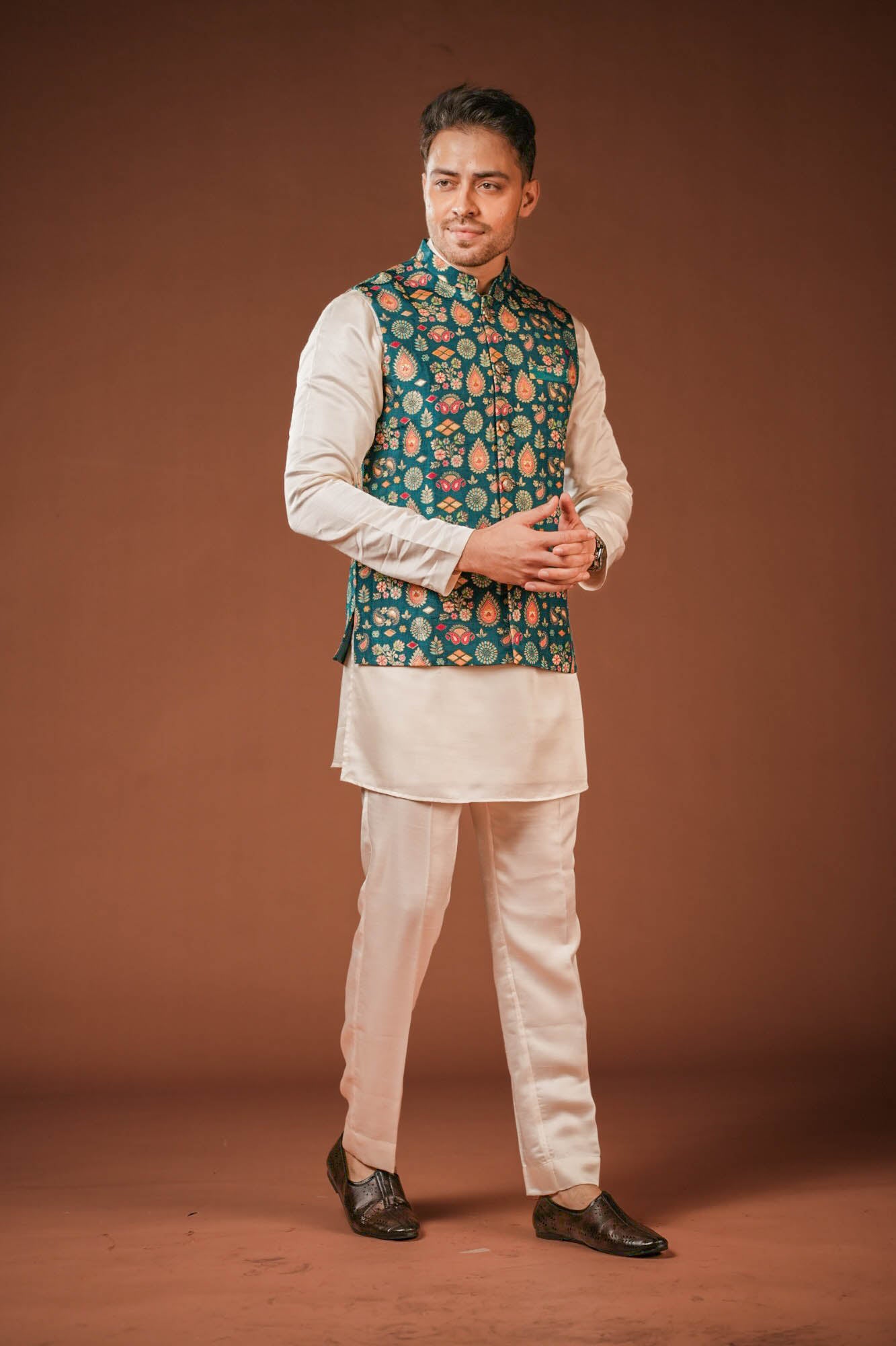 Teal Blue Brocket Nehru Jacket Set