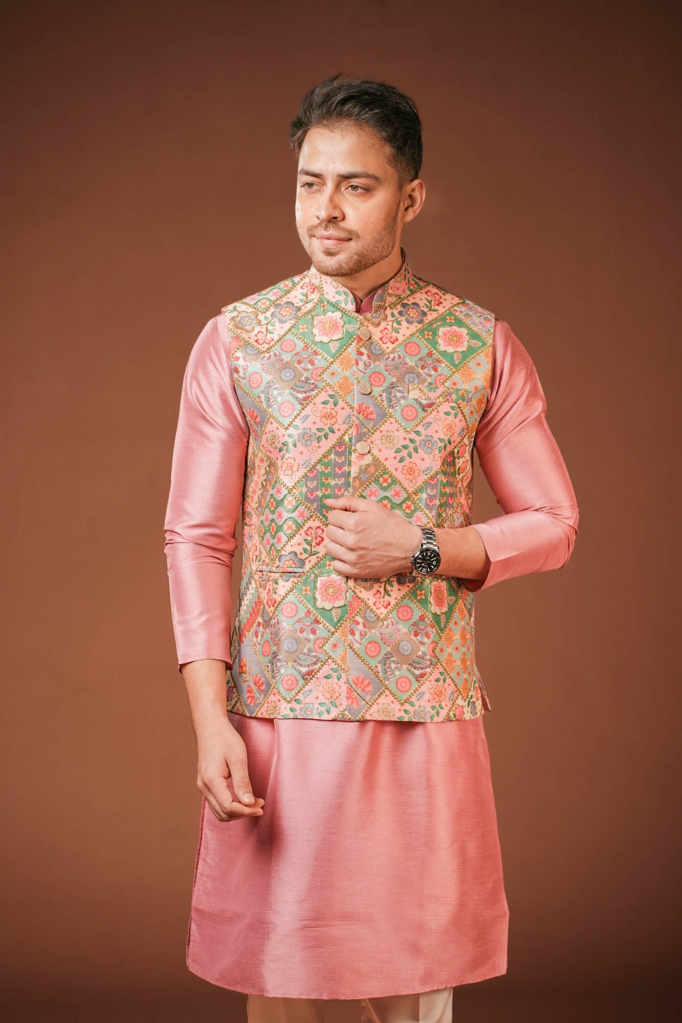 Embroidered Multi Color Rose Pink Koti Set