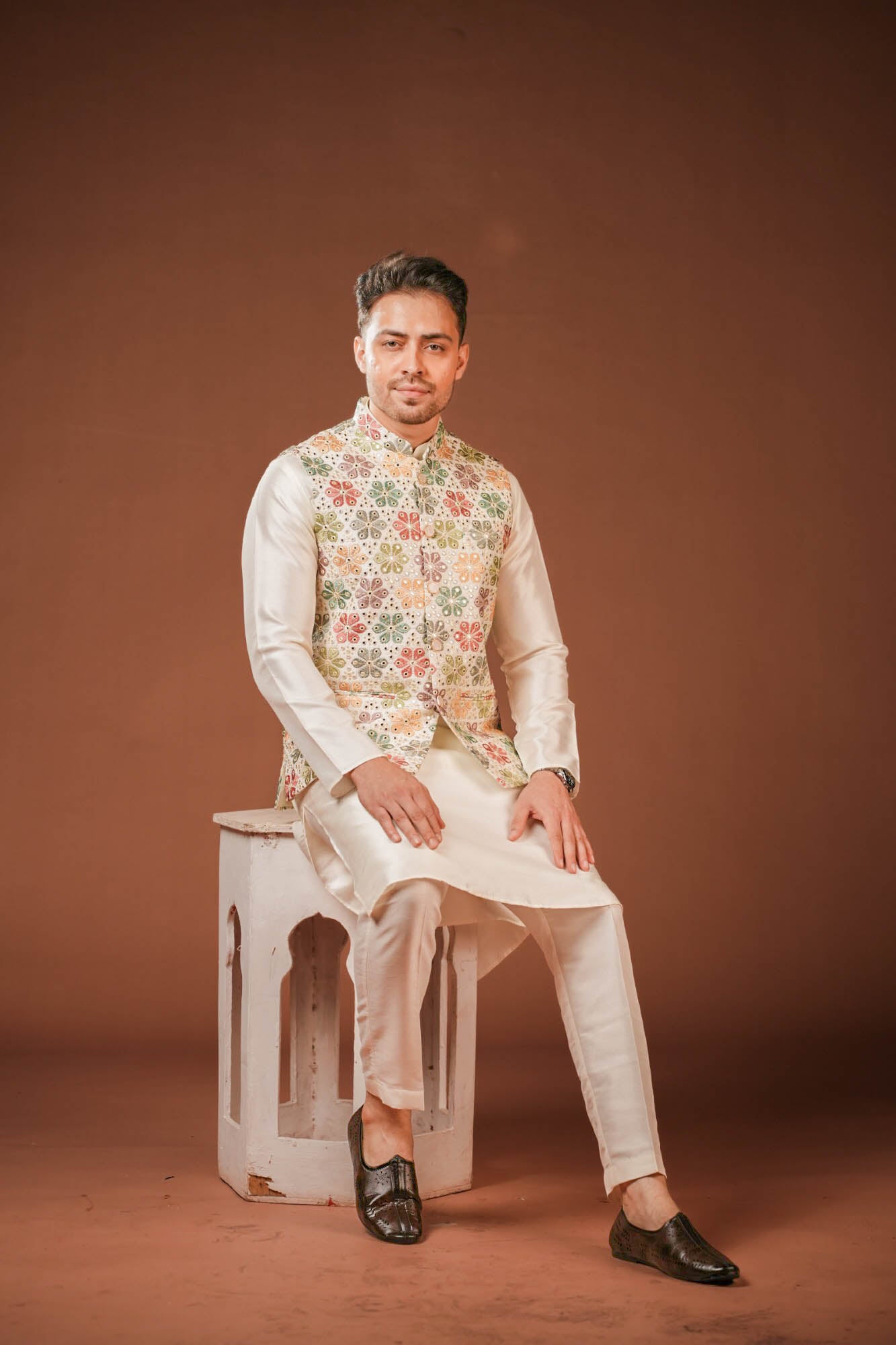 Cream Embroidered Nehru Jacket Set