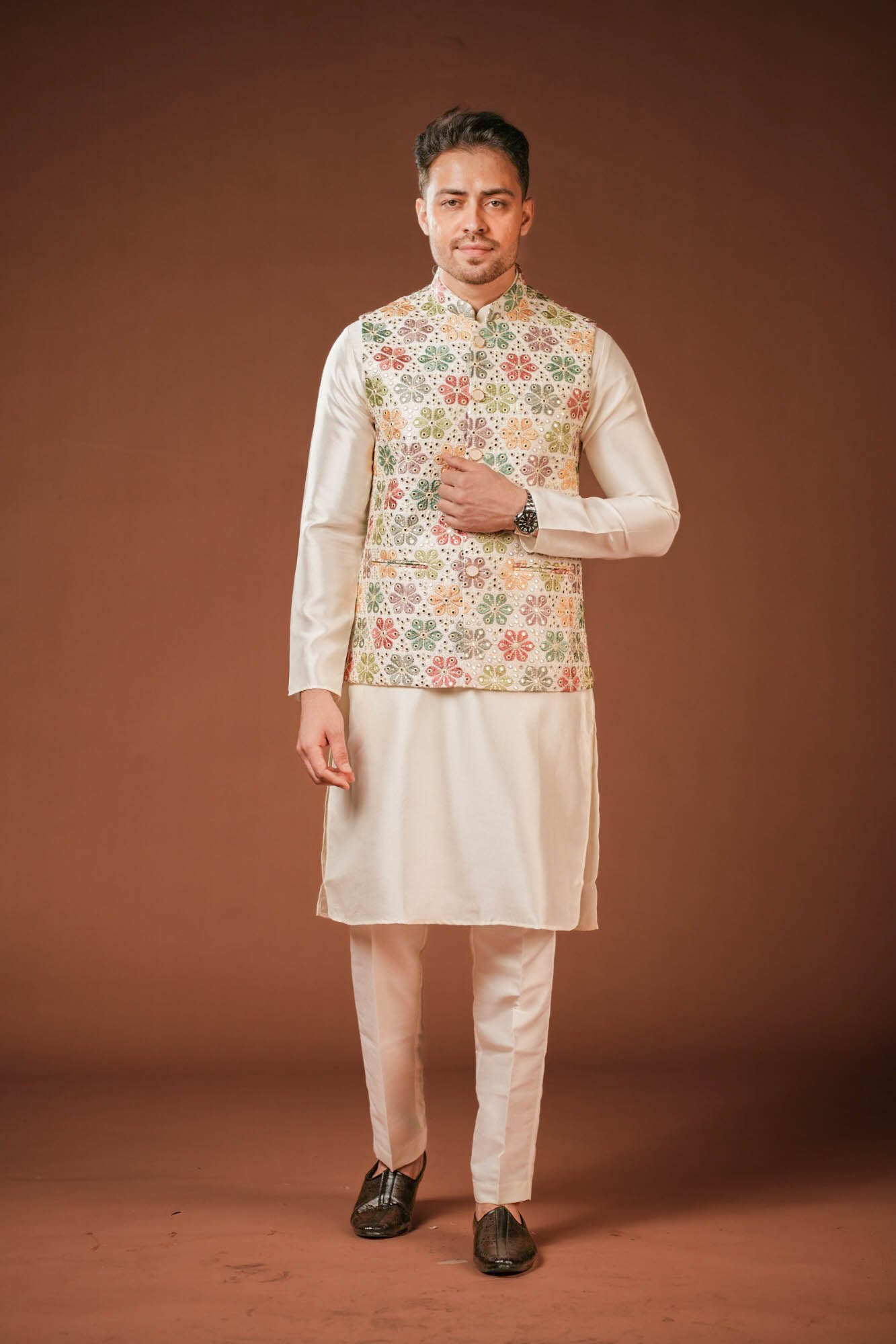 Cream Embroidered Nehru Jacket Set
