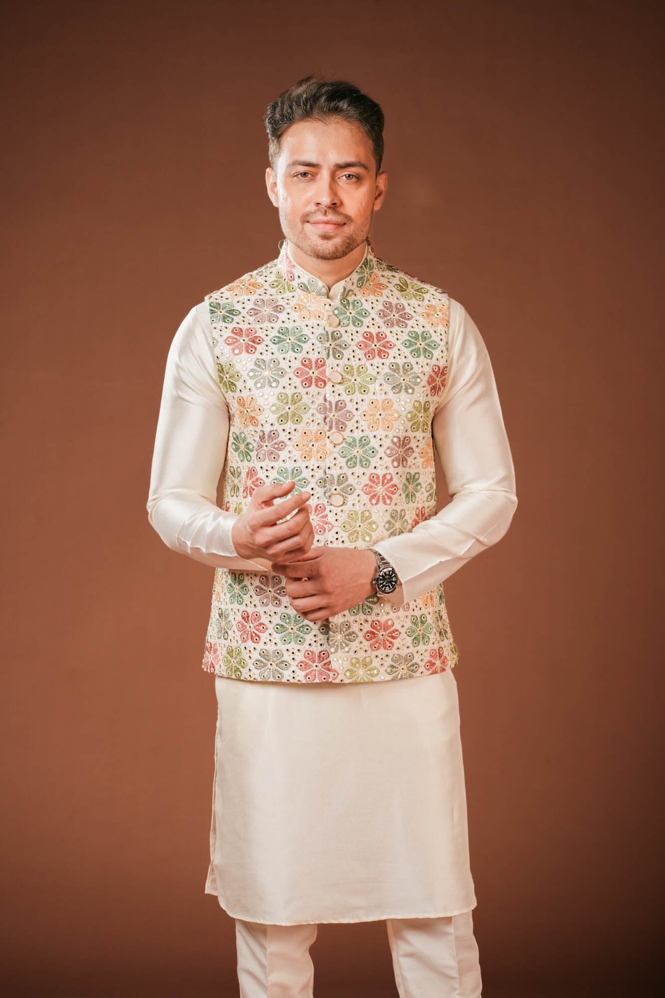 Cream Embroidered Nehru Jacket Set