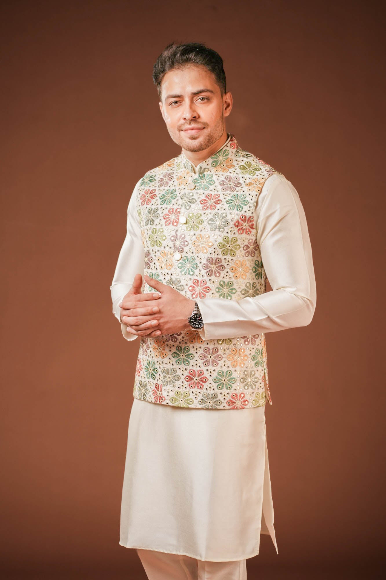 Cream Embroidered Nehru Jacket Set
