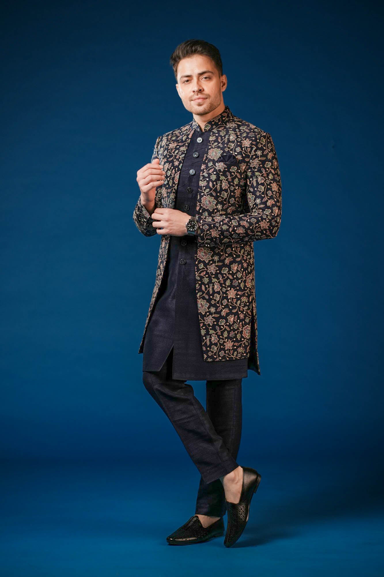 Blue Embroidered Indo Western Set