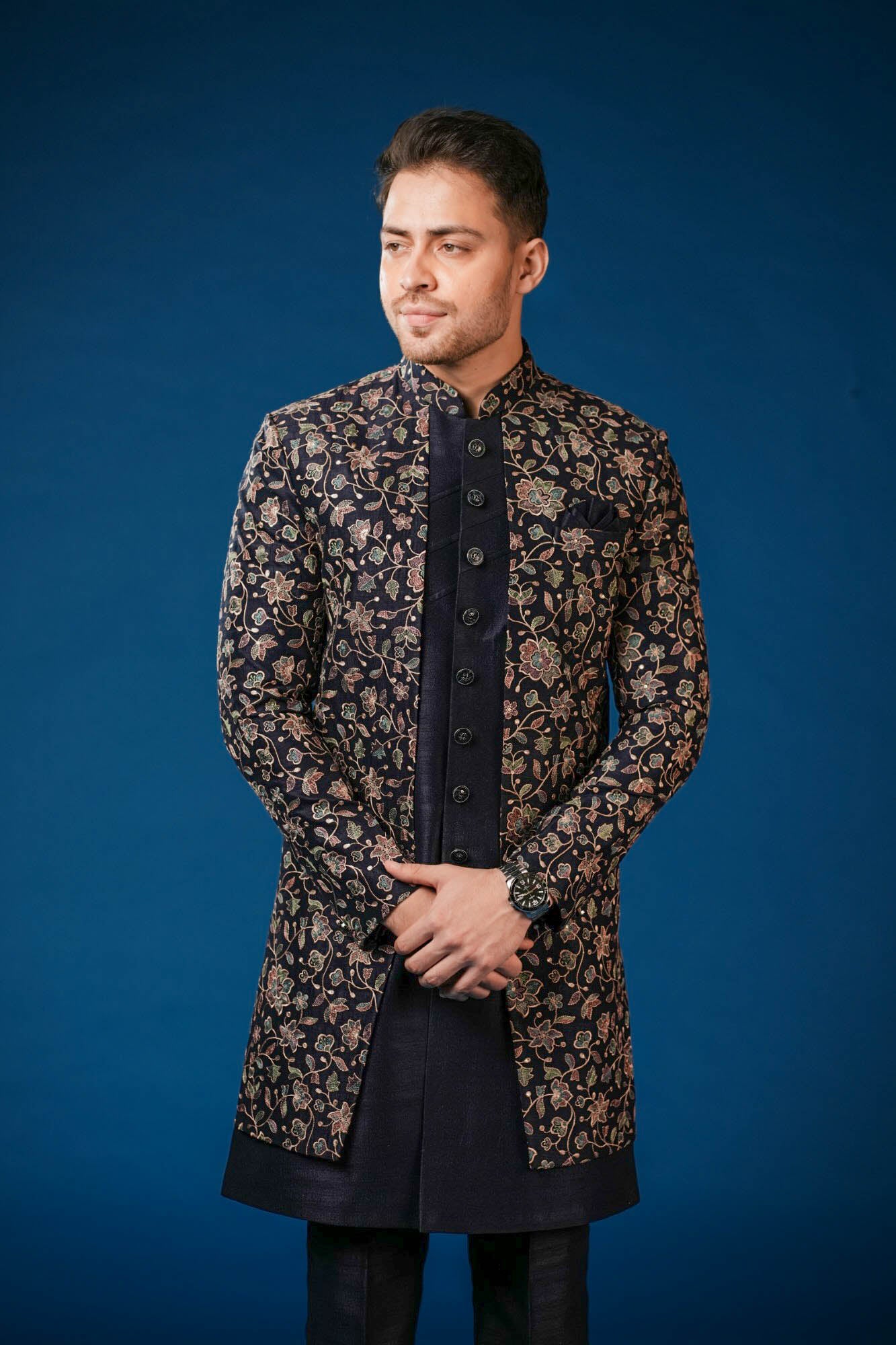 Blue Embroidered Indo Western Set