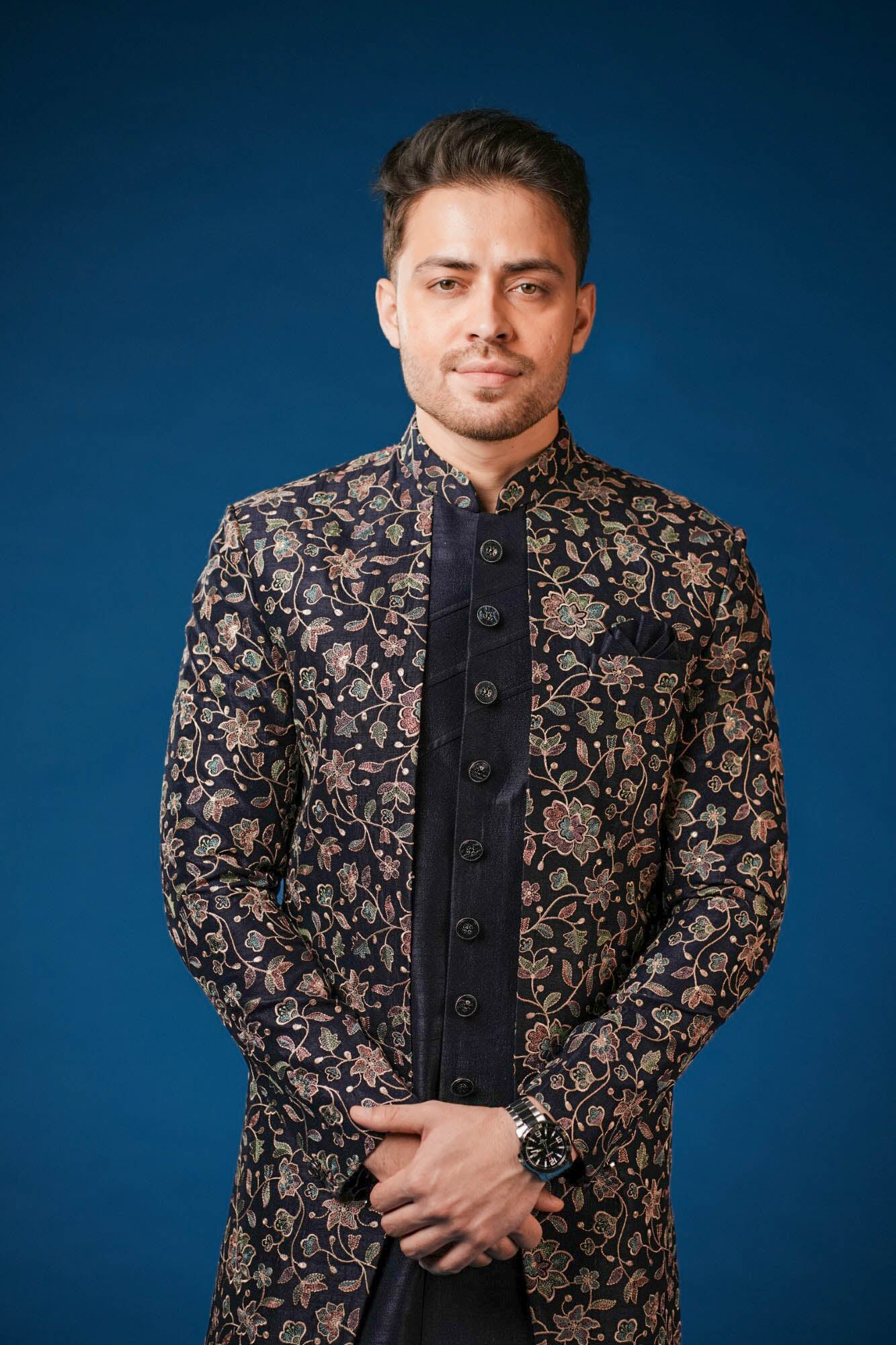 Blue Embroidered Indo Western Set